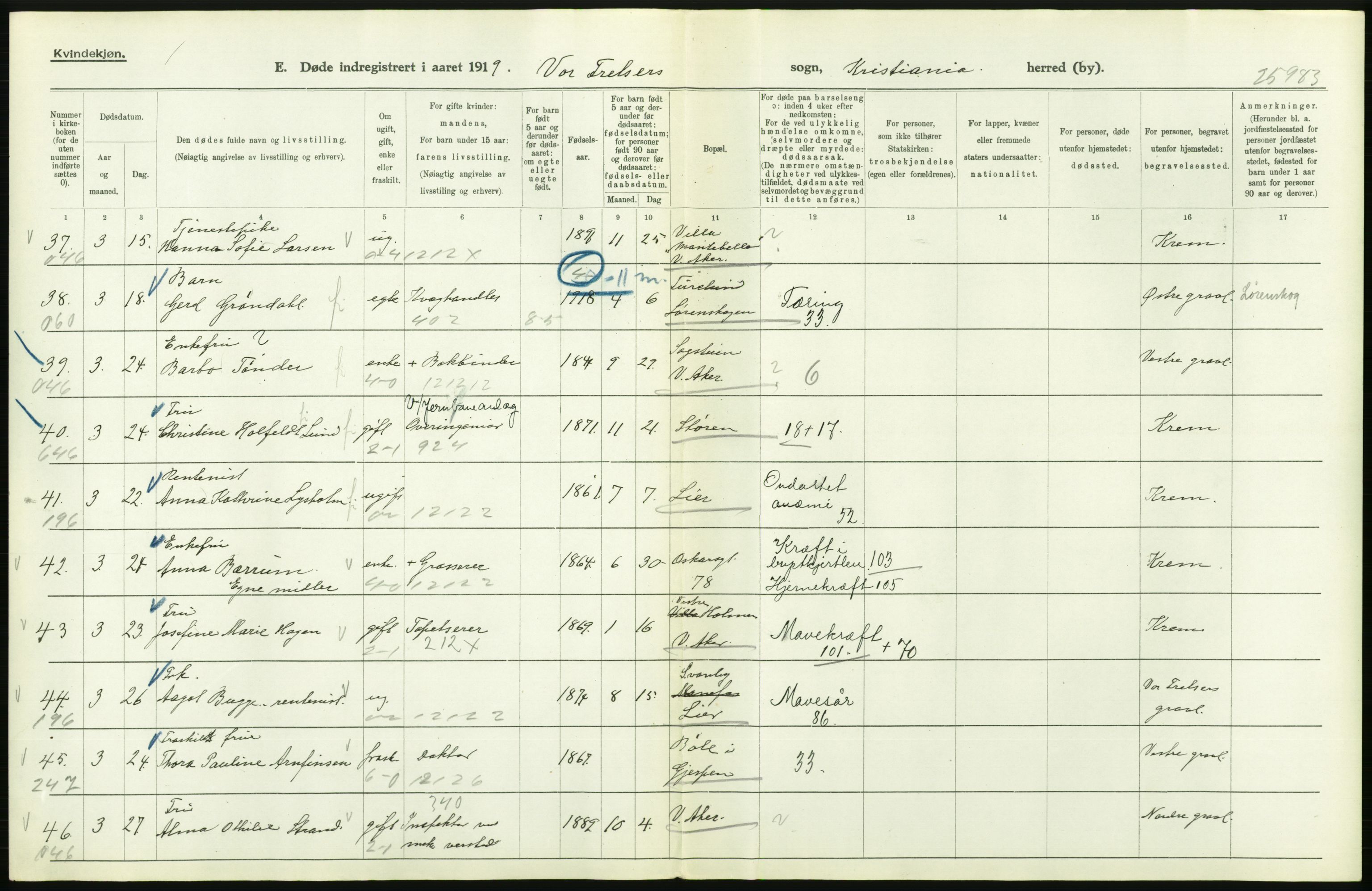 Statistisk sentralbyrå, Sosiodemografiske emner, Befolkning, AV/RA-S-2228/D/Df/Dfb/Dfbi/L0011: Kristiania: Døde, dødfødte, 1919