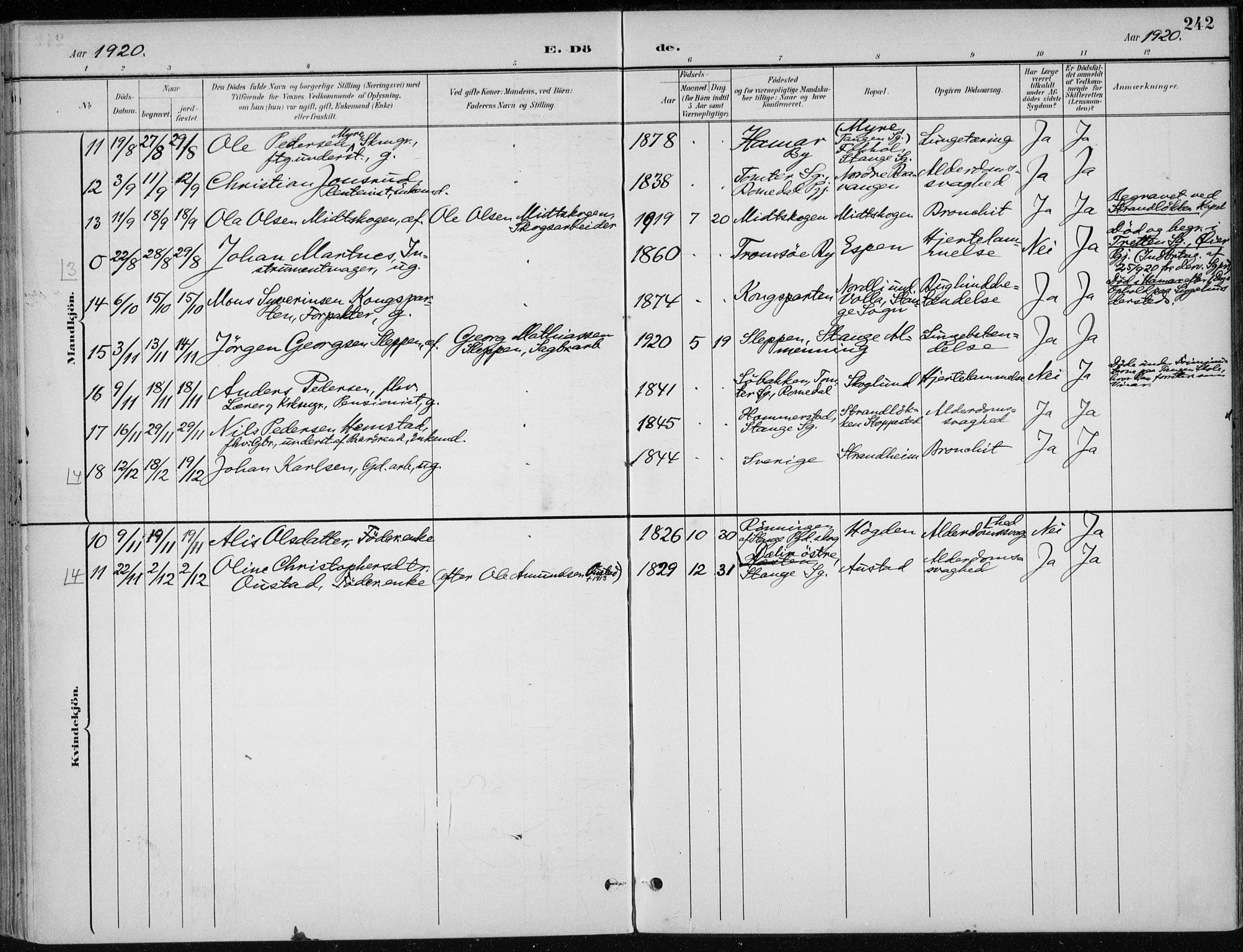 Stange prestekontor, SAH/PREST-002/K/L0023: Parish register (official) no. 23, 1897-1920, p. 242