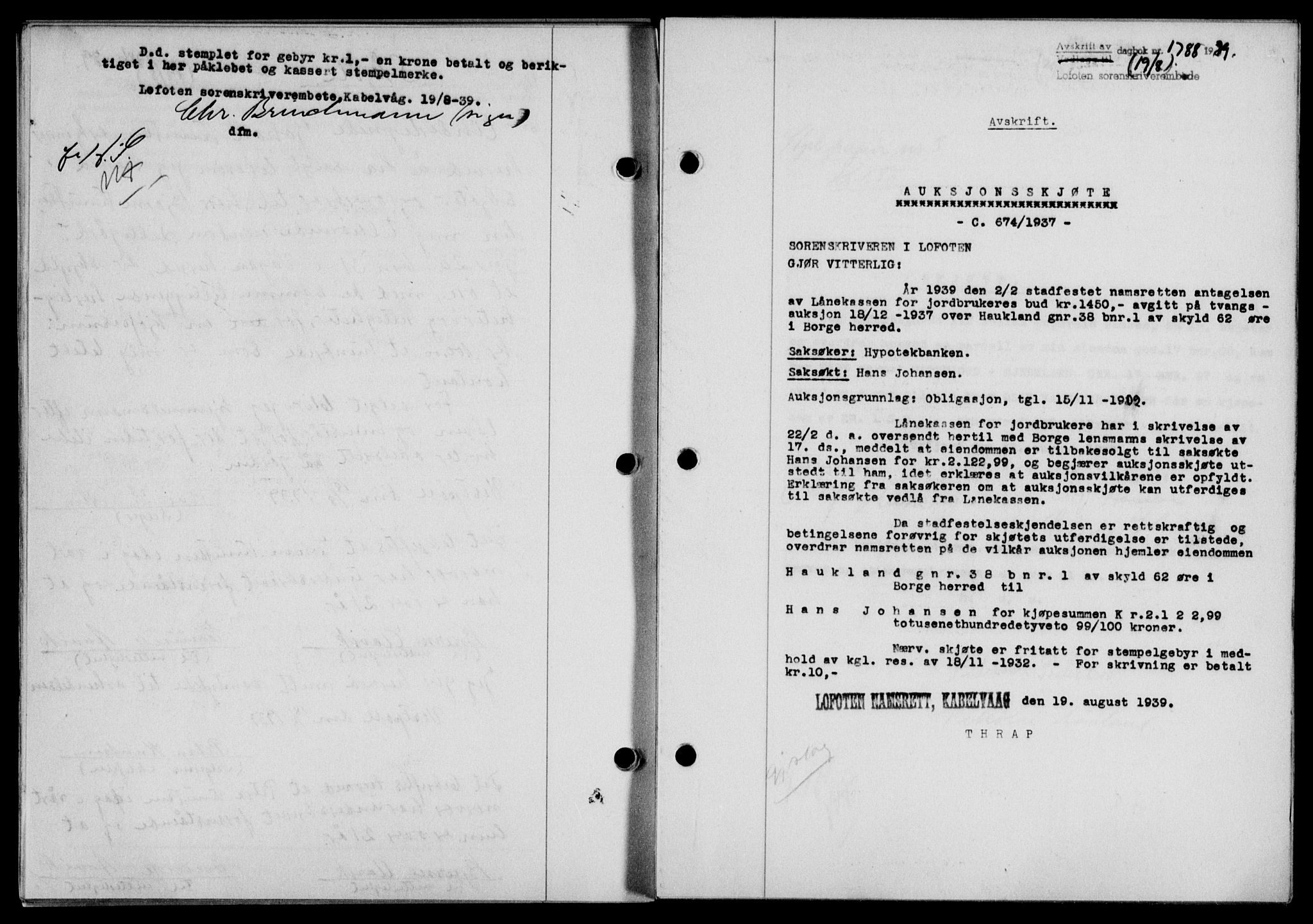 Lofoten sorenskriveri, SAT/A-0017/1/2/2C/L0006a: Mortgage book no. 6a, 1939-1939, Diary no: : 1788/1939