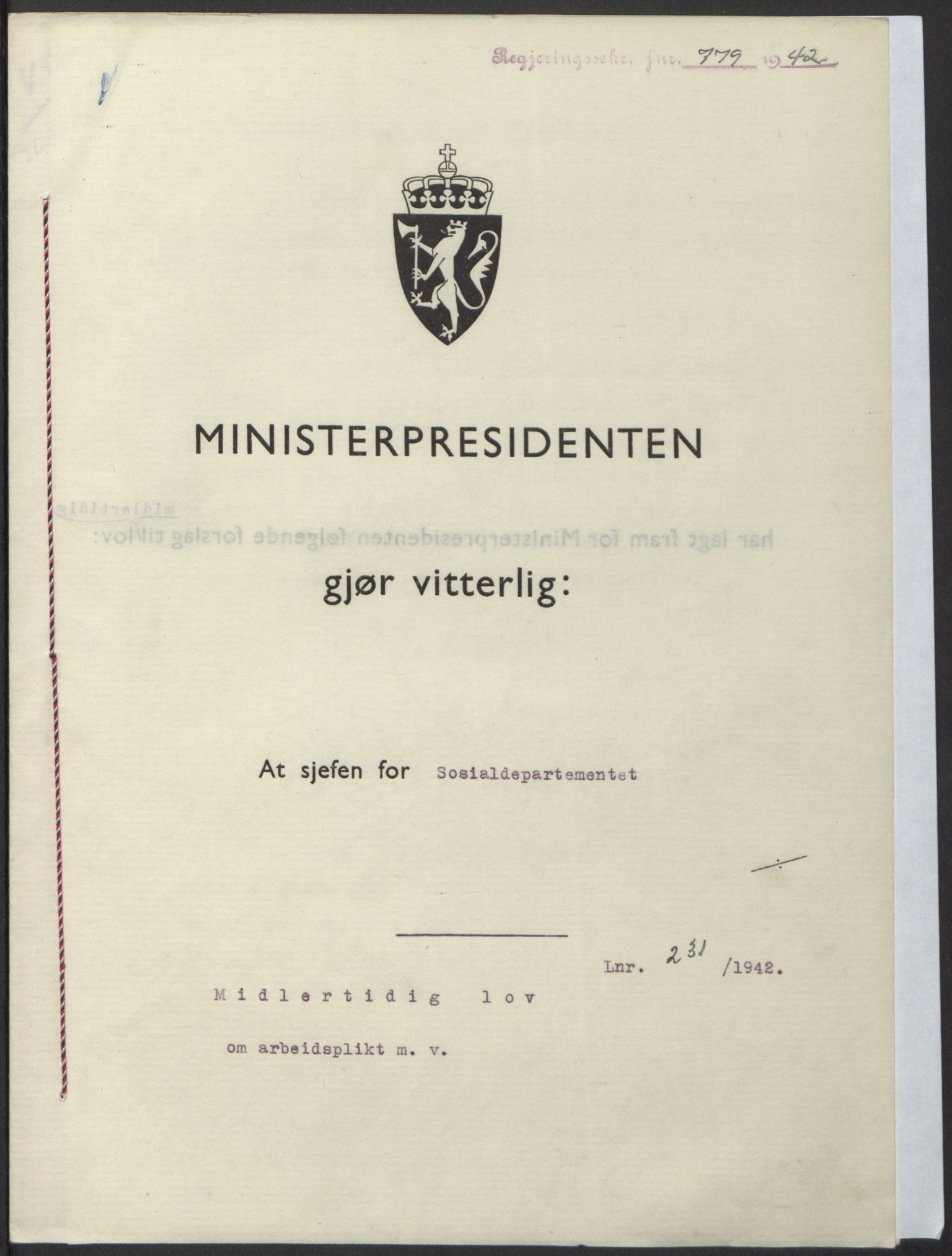 NS-administrasjonen 1940-1945 (Statsrådsekretariatet, de kommisariske statsråder mm), RA/S-4279/D/Db/L0098: Lover II, 1942, p. 568