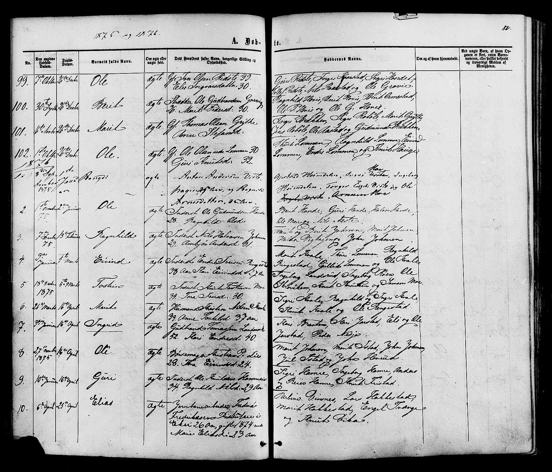 Vestre Slidre prestekontor, SAH/PREST-136/H/Ha/Haa/L0003: Parish register (official) no. 3, 1865-1880, p. 82