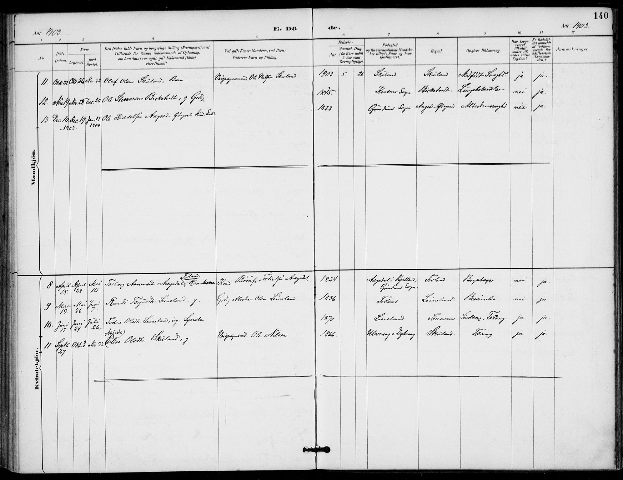 Holum sokneprestkontor, SAK/1111-0022/F/Fa/Fab/L0007: Parish register (official) no. A 7, 1887-1912, p. 140