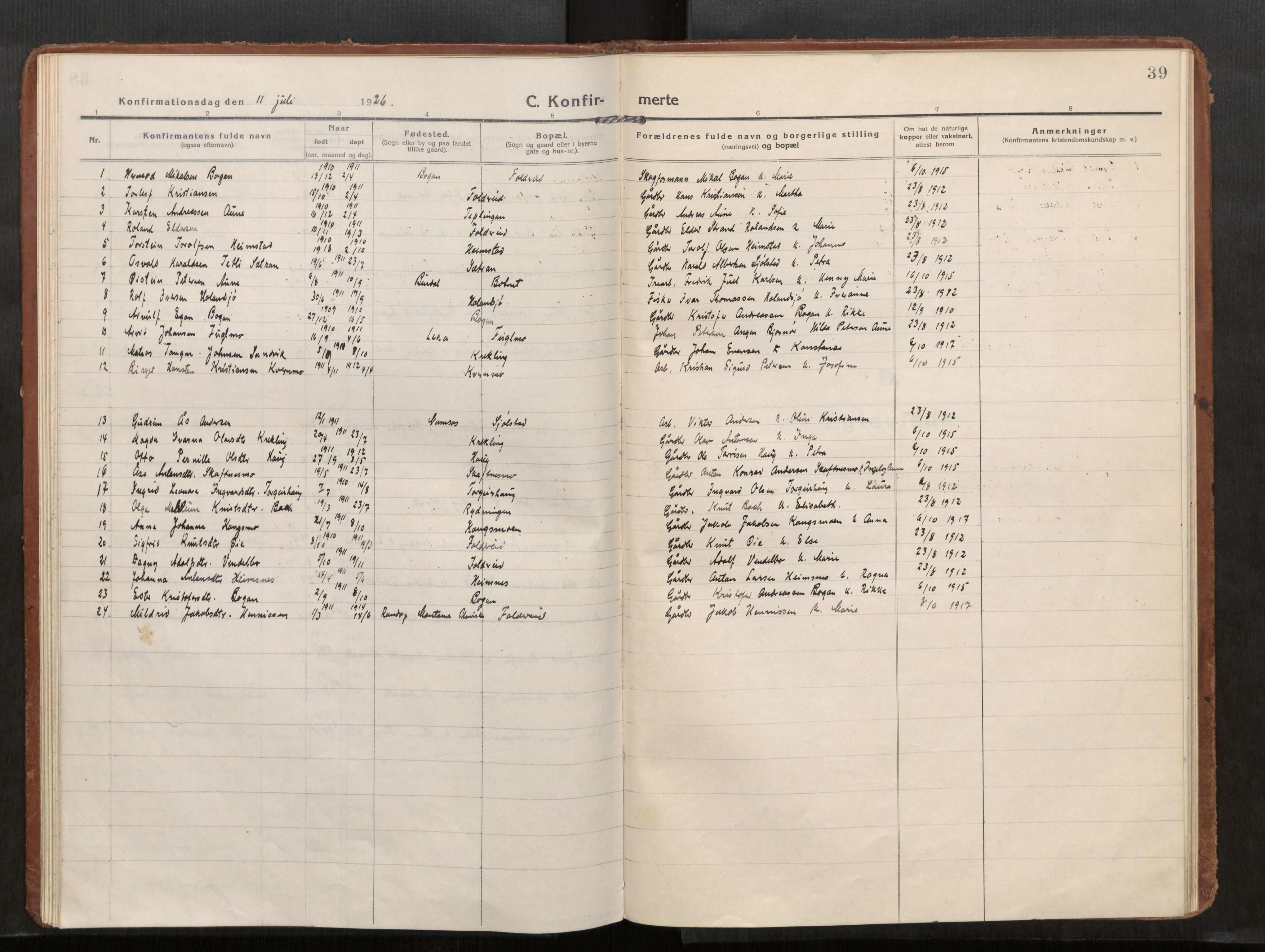 Kolvereid sokneprestkontor, SAT/A-1171/H/Ha/Haa/L0002: Parish register (official) no. 2, 1914-1926, p. 39