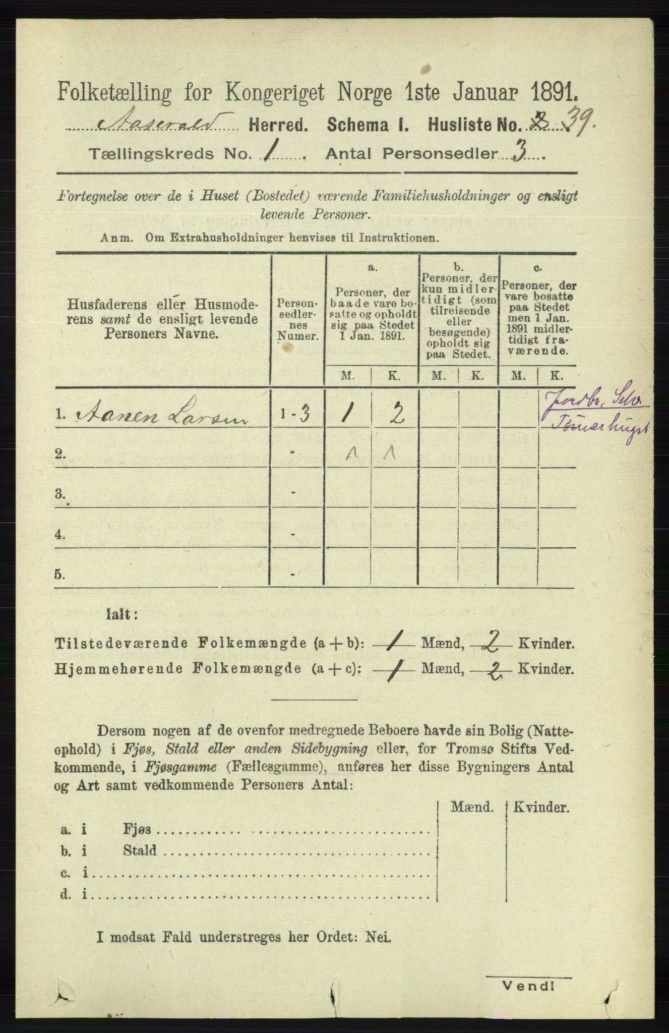 RA, 1891 census for 1026 Åseral, 1891, p. 56