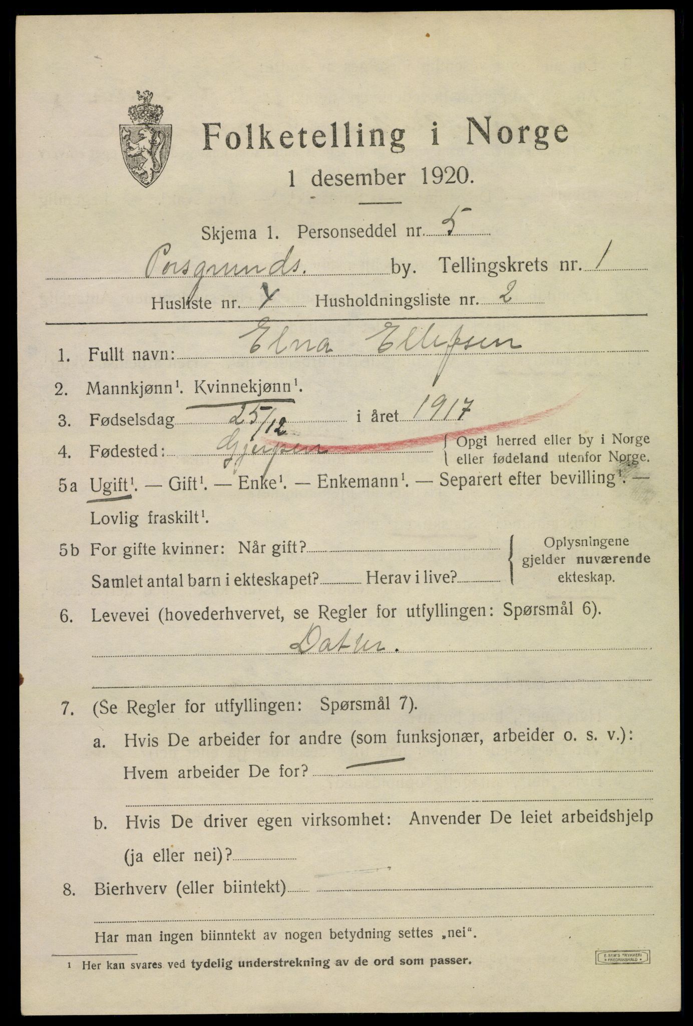 SAKO, 1920 census for Porsgrunn, 1920, p. 7147
