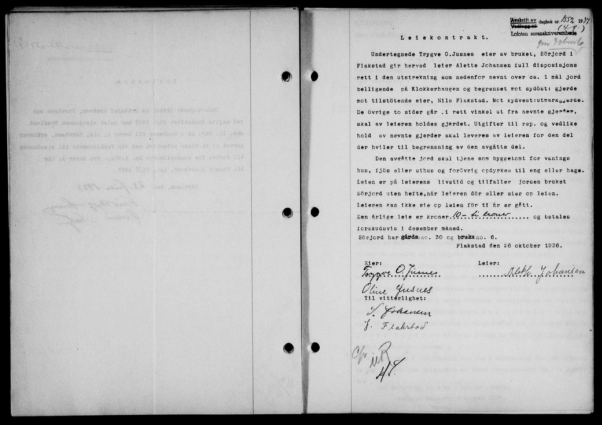 Lofoten sorenskriveri, SAT/A-0017/1/2/2C/L0002a: Mortgage book no. 2a, 1937-1937, Diary no: : 1552/1937