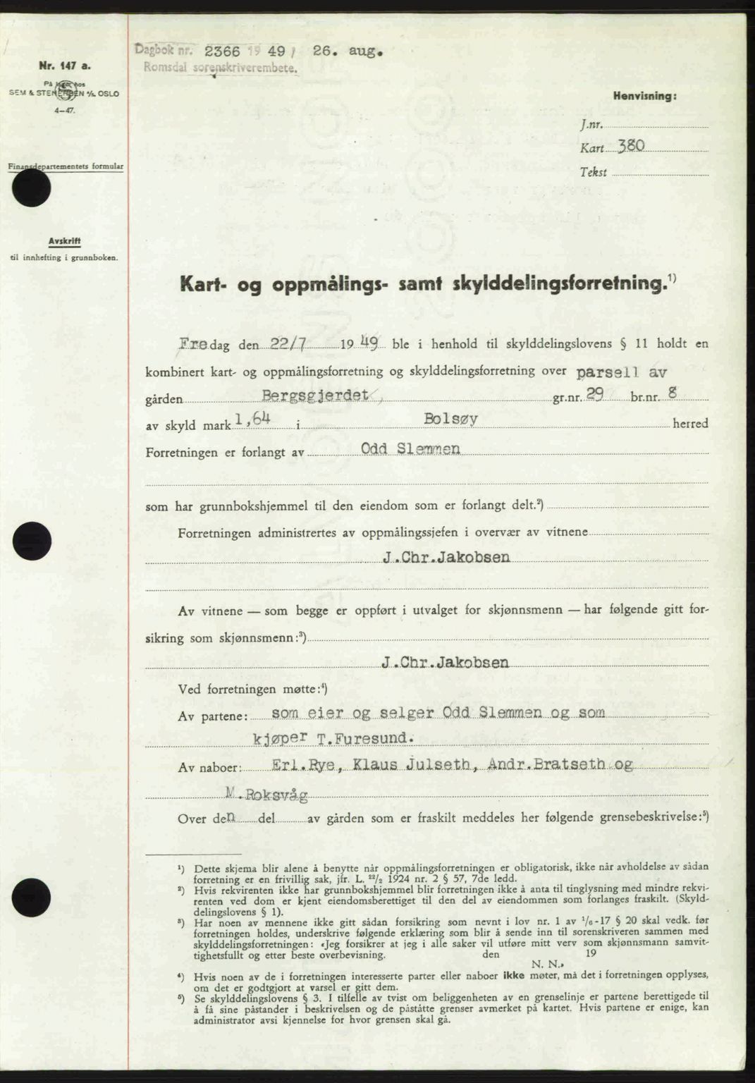 Romsdal sorenskriveri, AV/SAT-A-4149/1/2/2C: Mortgage book no. A30, 1949-1949, Diary no: : 2366/1949