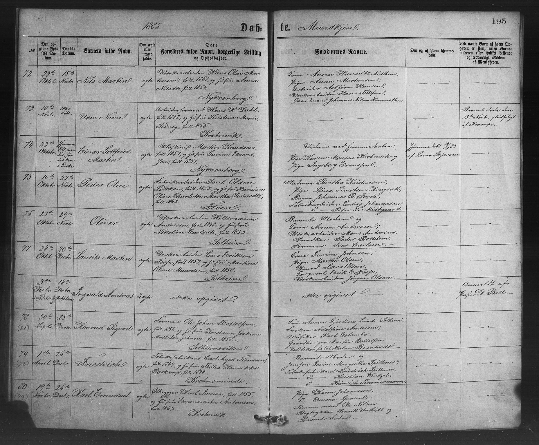 St. Jørgens hospital og Årstad sokneprestembete, AV/SAB-A-99934: Parish register (copy) no. A 4, 1873-1885, p. 195