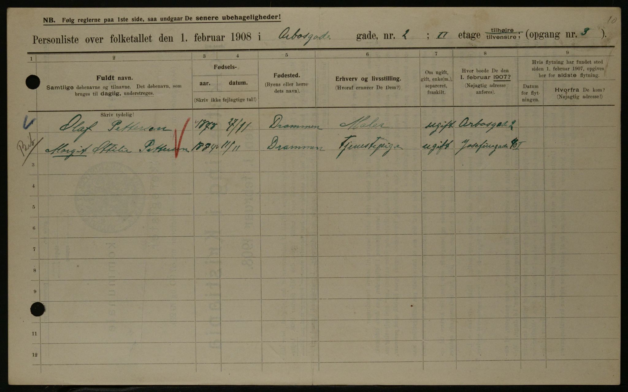 OBA, Municipal Census 1908 for Kristiania, 1908, p. 2031