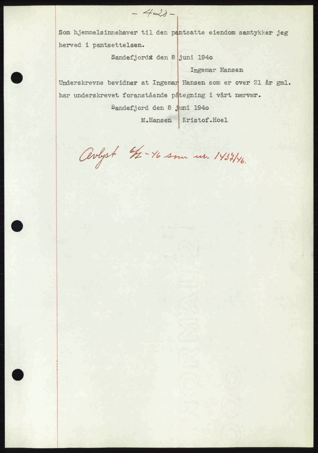 Sandar sorenskriveri, SAKO/A-86/G/Ga/Gab/L0001: Mortgage book no. B-1 og B-3 - B-9, 1936-1944, Diary no: : 528/1940