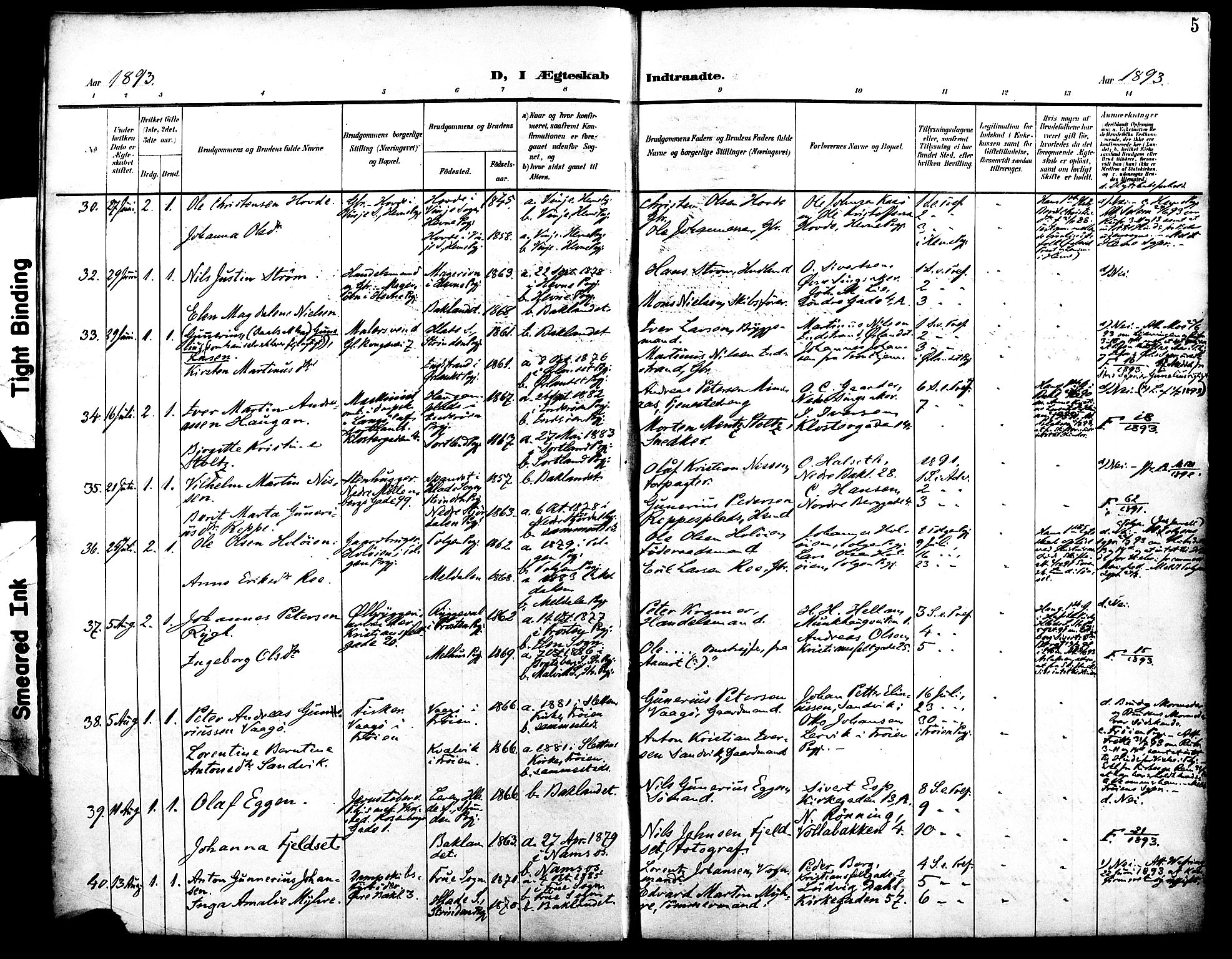Ministerialprotokoller, klokkerbøker og fødselsregistre - Sør-Trøndelag, SAT/A-1456/604/L0198: Parish register (official) no. 604A19, 1893-1900, p. 5