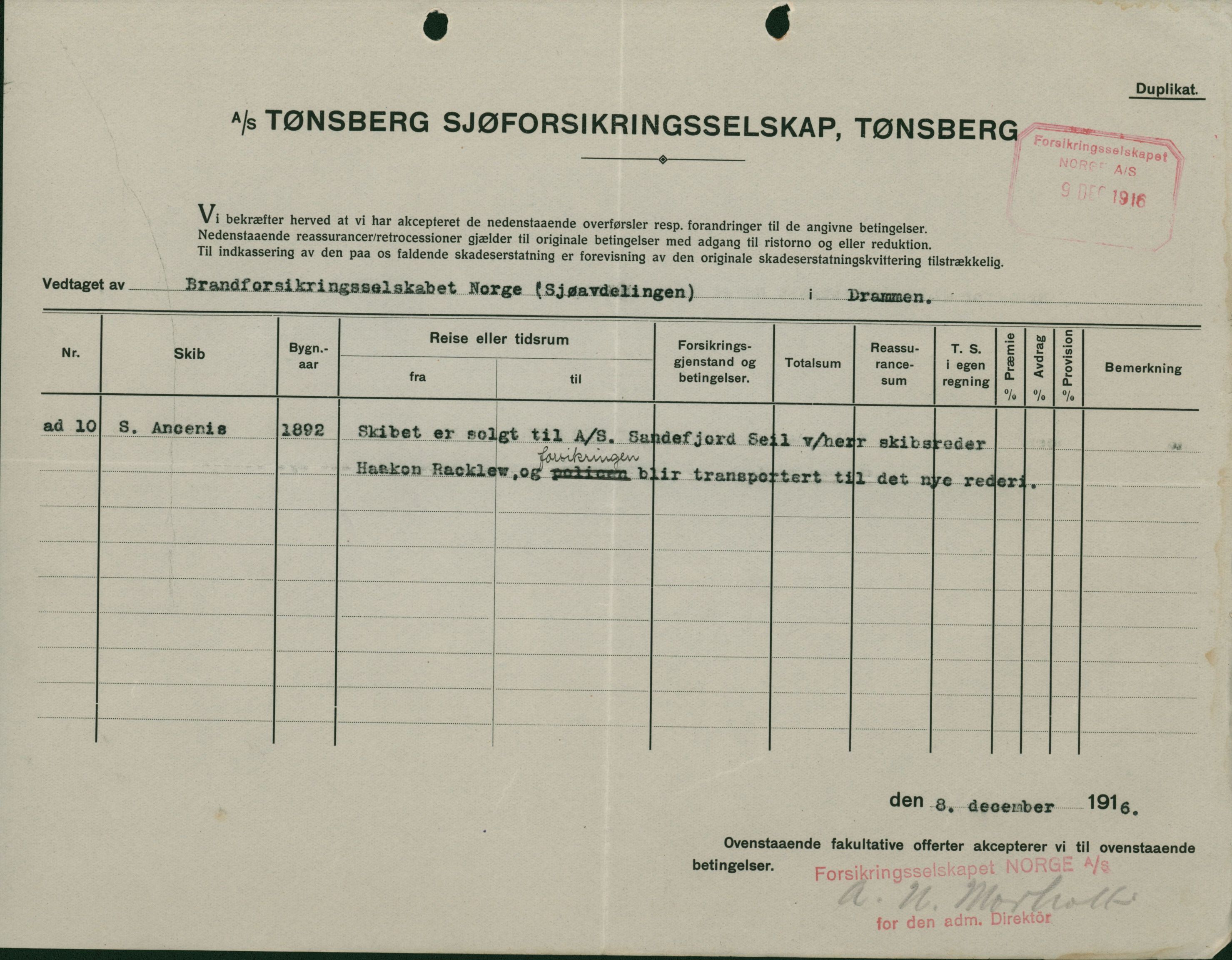 Pa 664 - Tønsberg Sjøforsikringsselskap, VEMU/A-1773/F/L0001: Forsikringspoliser, 1915-1918