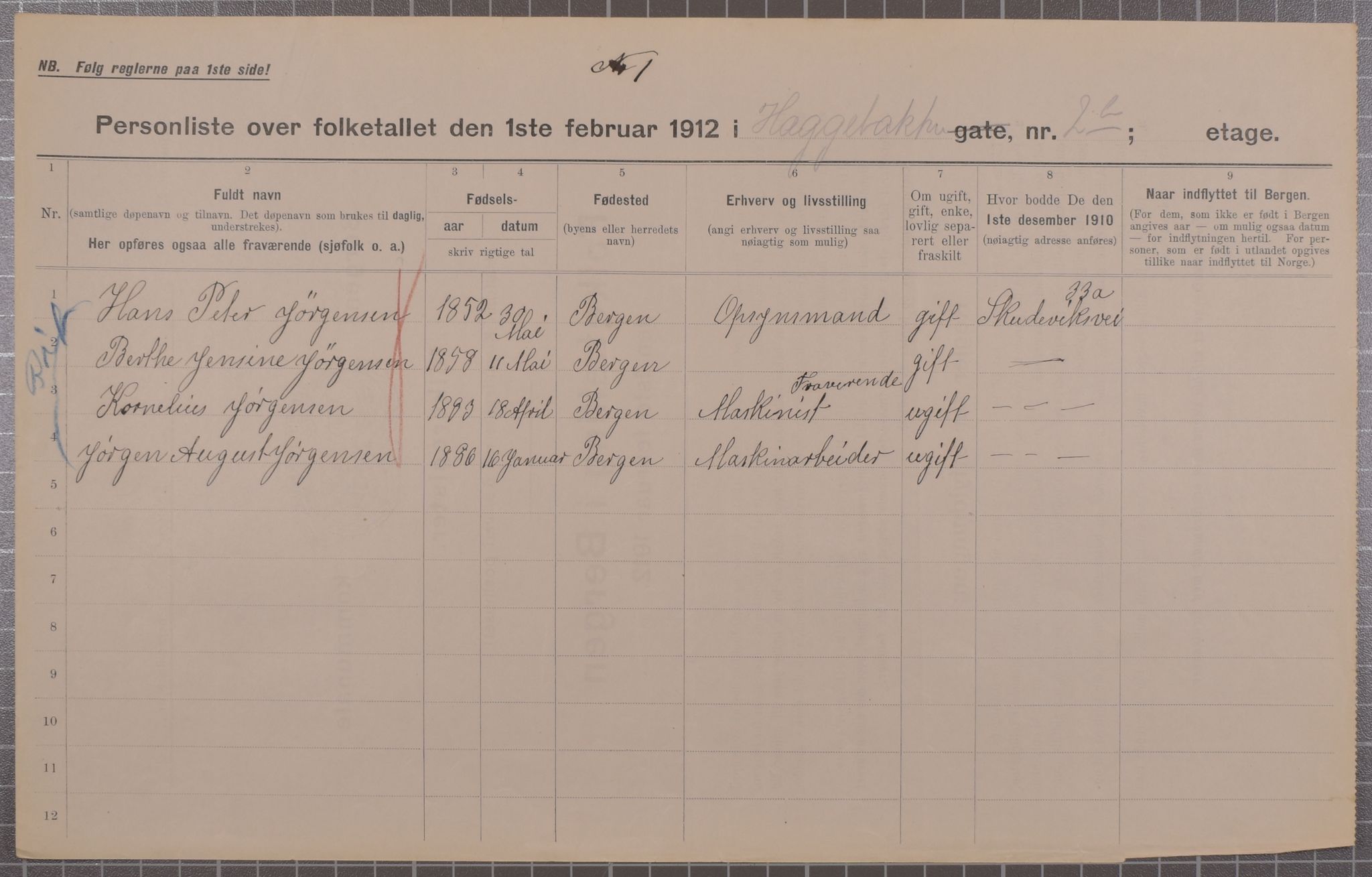 SAB, Municipal Census 1912 for Bergen, 1912, p. 1921