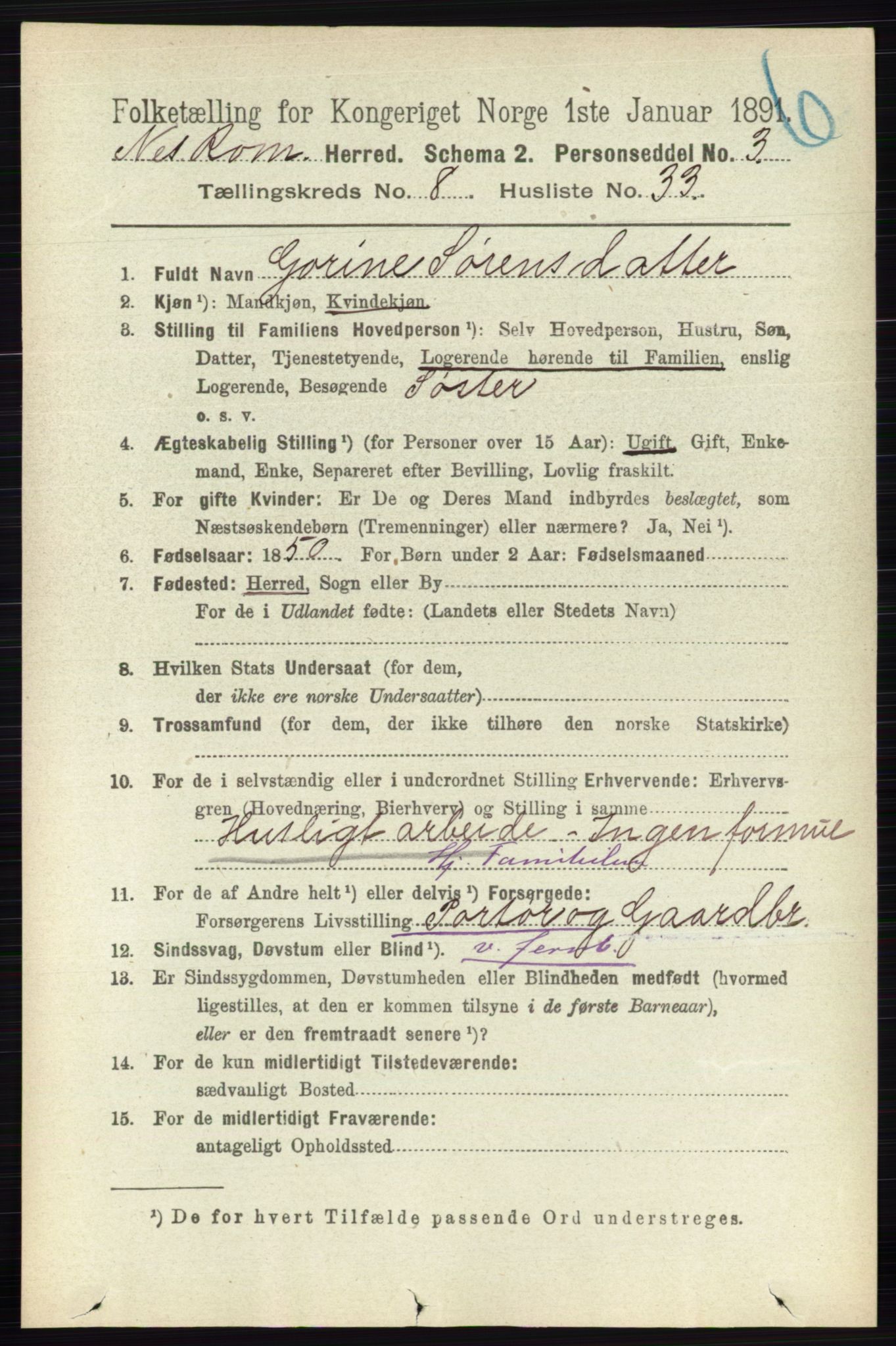 RA, 1891 census for 0236 Nes, 1891, p. 4805