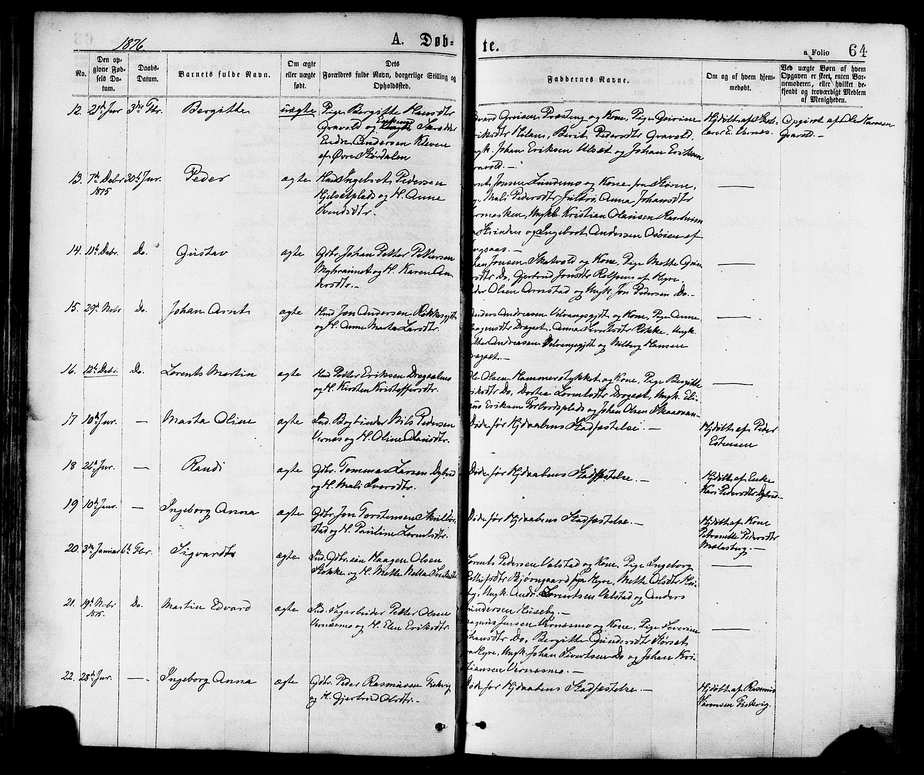 Ministerialprotokoller, klokkerbøker og fødselsregistre - Nord-Trøndelag, SAT/A-1458/709/L0076: Parish register (official) no. 709A16, 1871-1879, p. 64