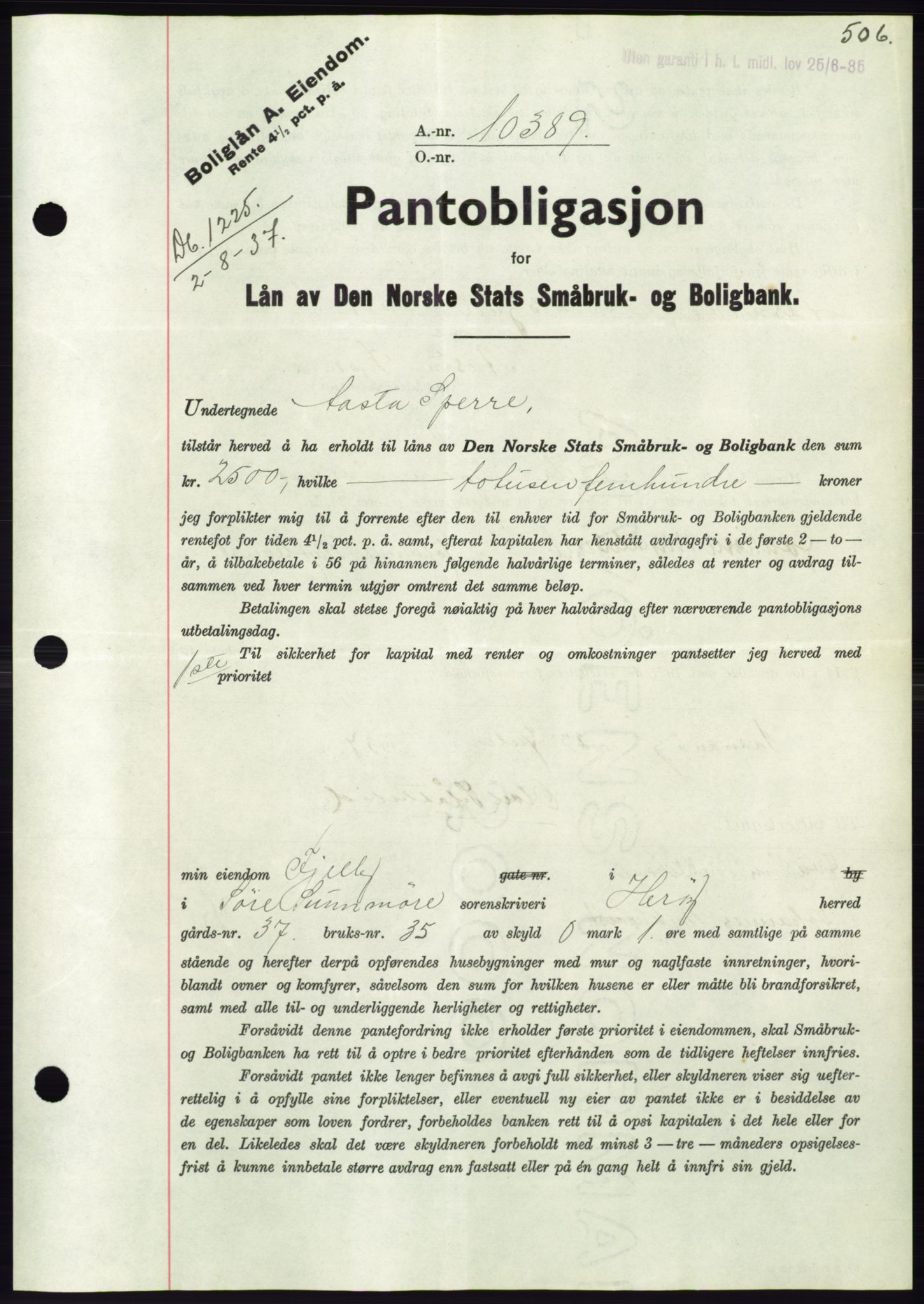 Søre Sunnmøre sorenskriveri, AV/SAT-A-4122/1/2/2C/L0063: Mortgage book no. 57, 1937-1937, Diary no: : 1225/1937