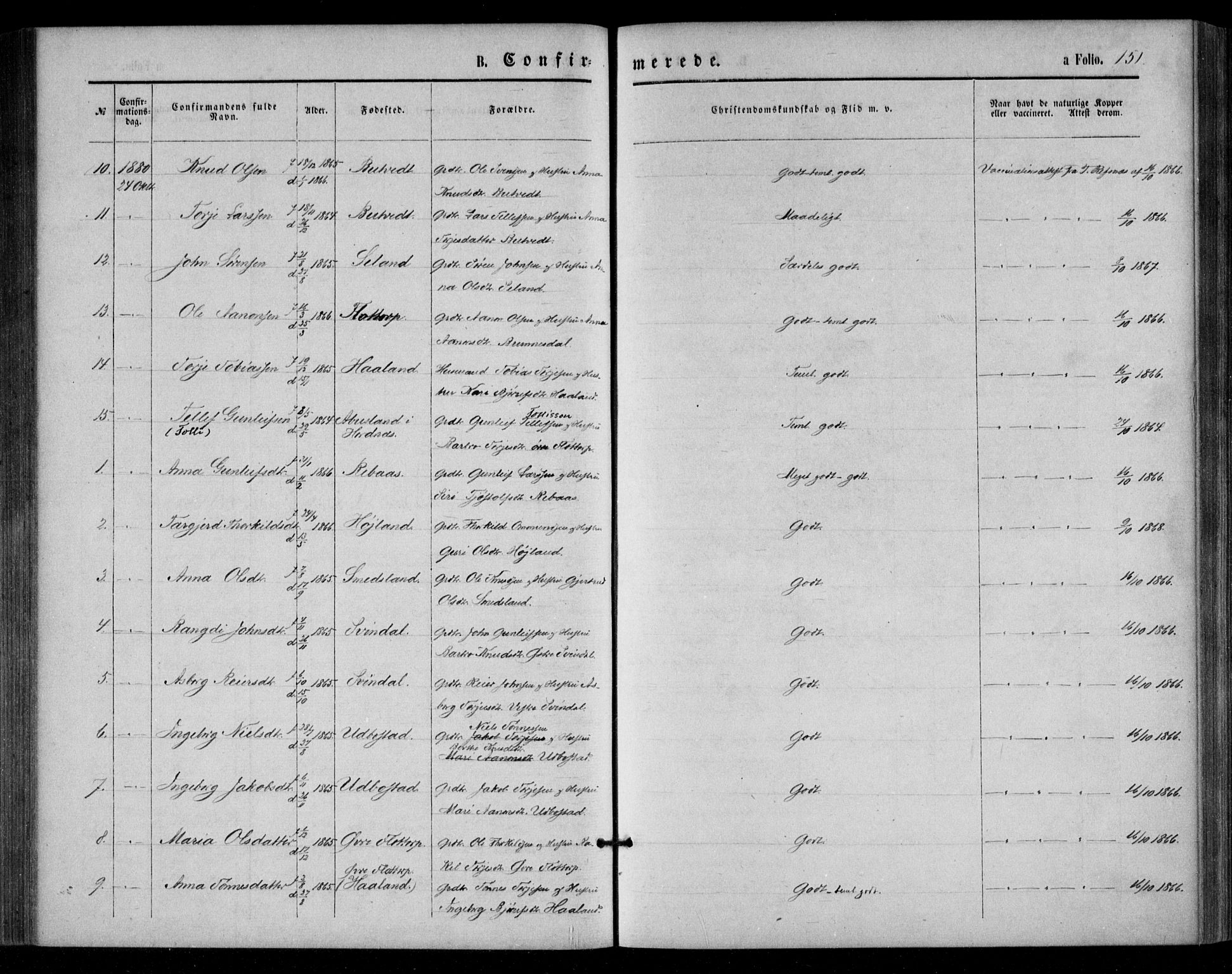 Bjelland sokneprestkontor, AV/SAK-1111-0005/F/Fa/Fac/L0002: Parish register (official) no. A 2, 1866-1887, p. 151