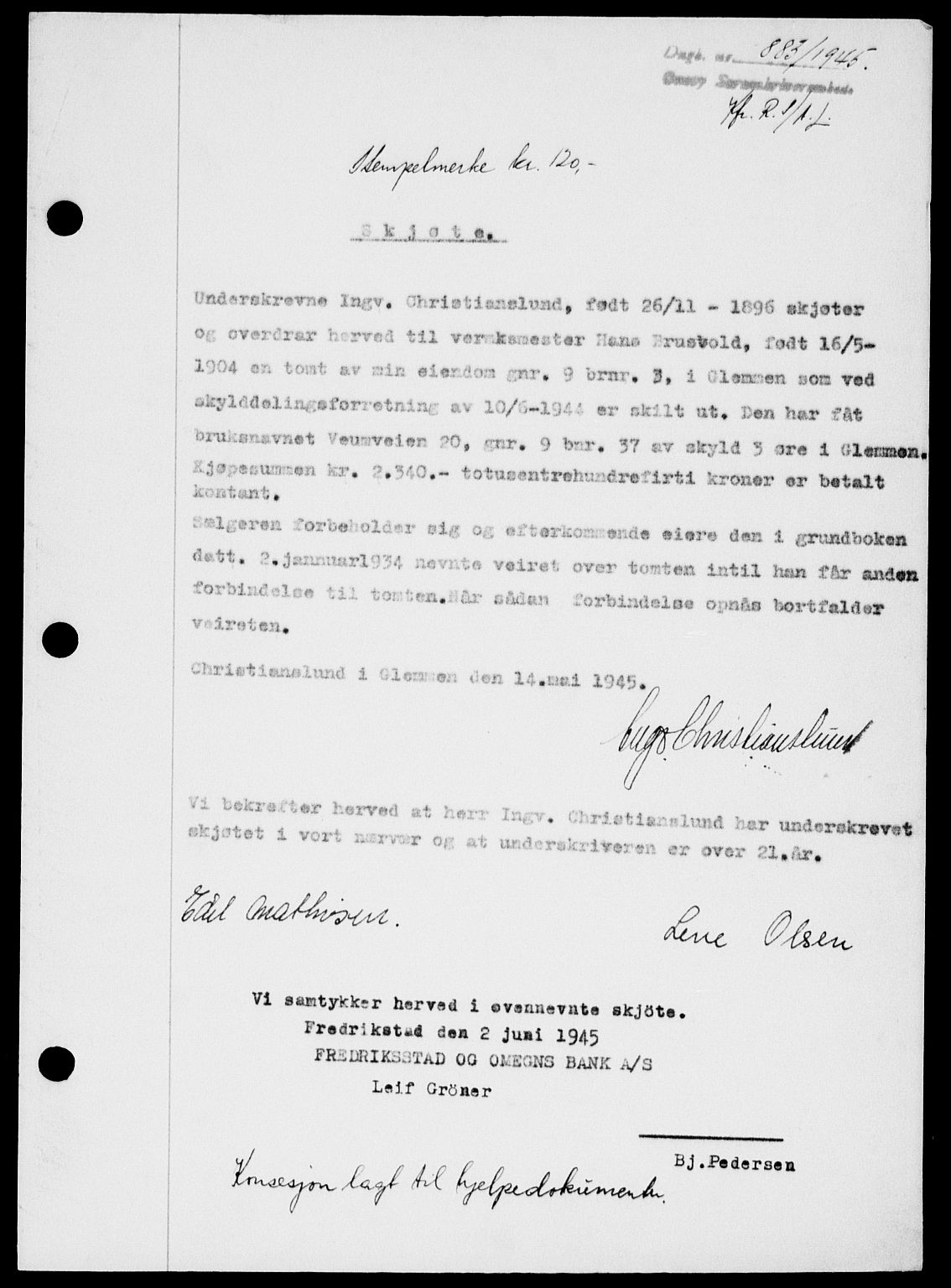 Onsøy sorenskriveri, SAO/A-10474/G/Ga/Gab/L0014: Mortgage book no. II A-14, 1944-1945, Diary no: : 883/1945