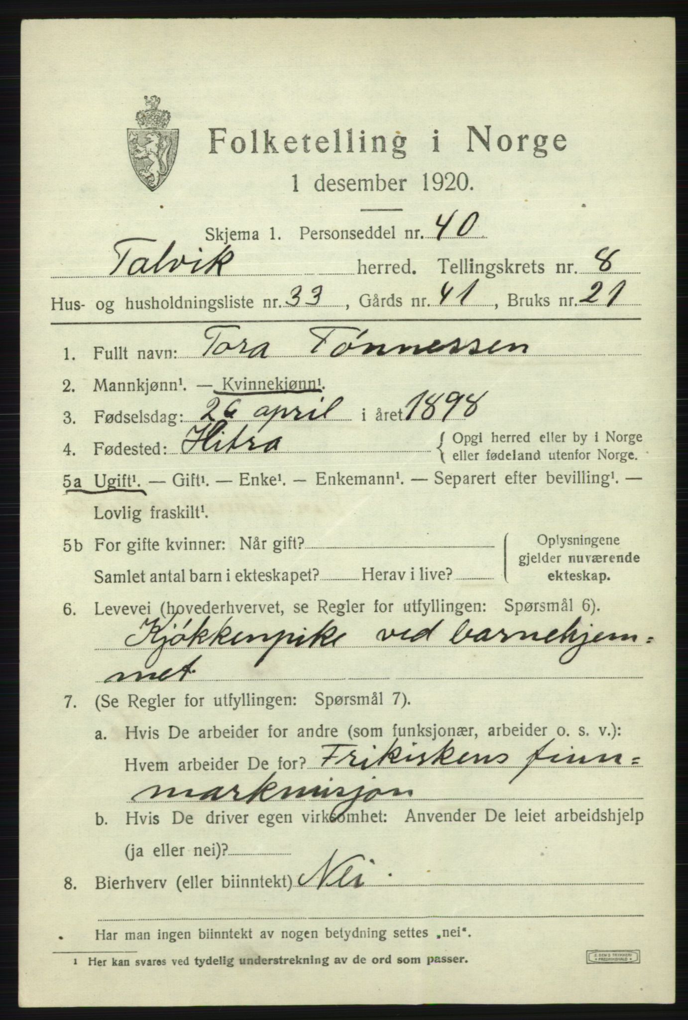 SATØ, 1920 census for Talvik, 1920, p. 5412