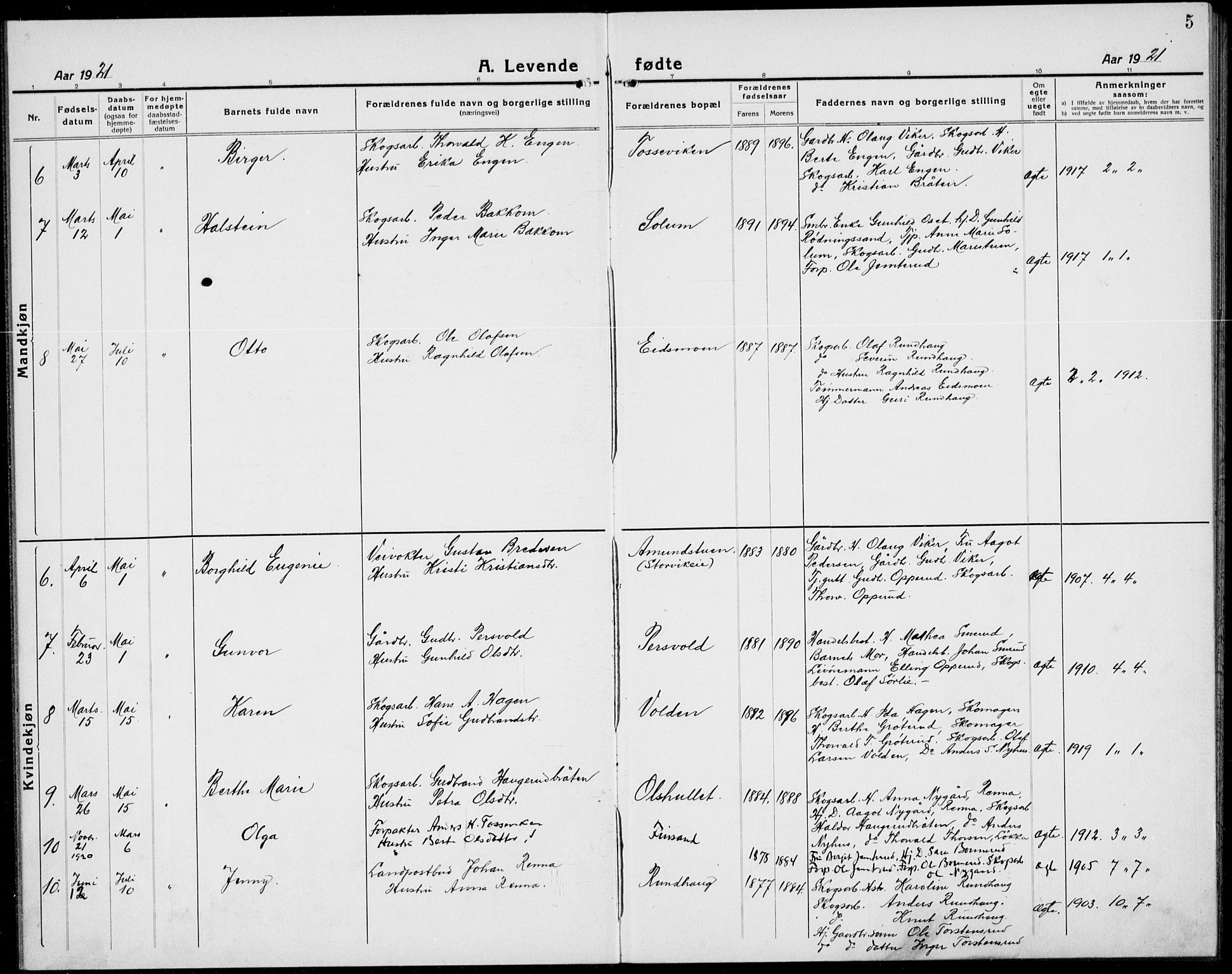 Ådal kirkebøker, AV/SAKO-A-248/G/Ga/L0005: Parish register (copy) no. I 5, 1921-1938, p. 5