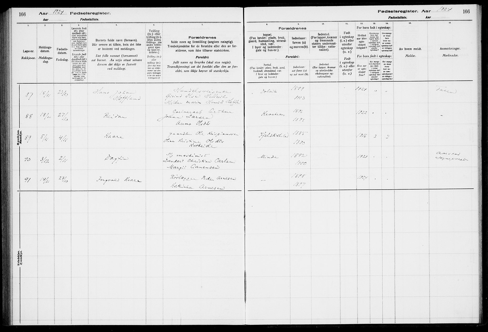 Birkeland Sokneprestembete, AV/SAB-A-74601/I/Id/L00A1: Birth register no. A 1, 1916-1926, p. 166