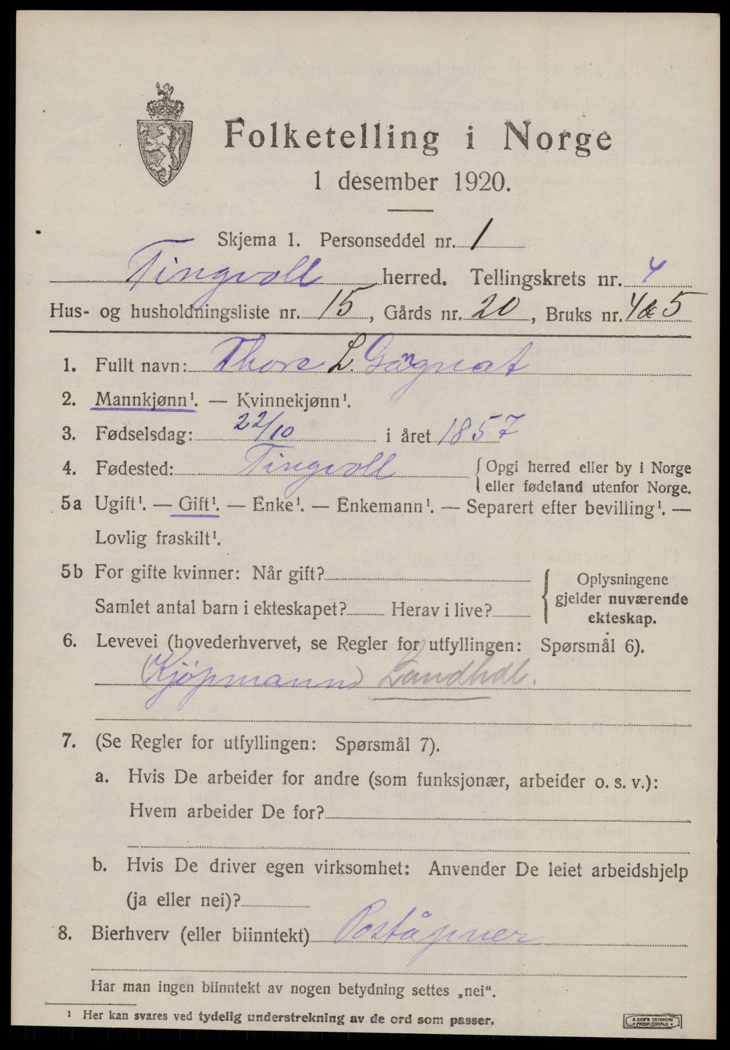 SAT, 1920 census for Tingvoll, 1920, p. 2014