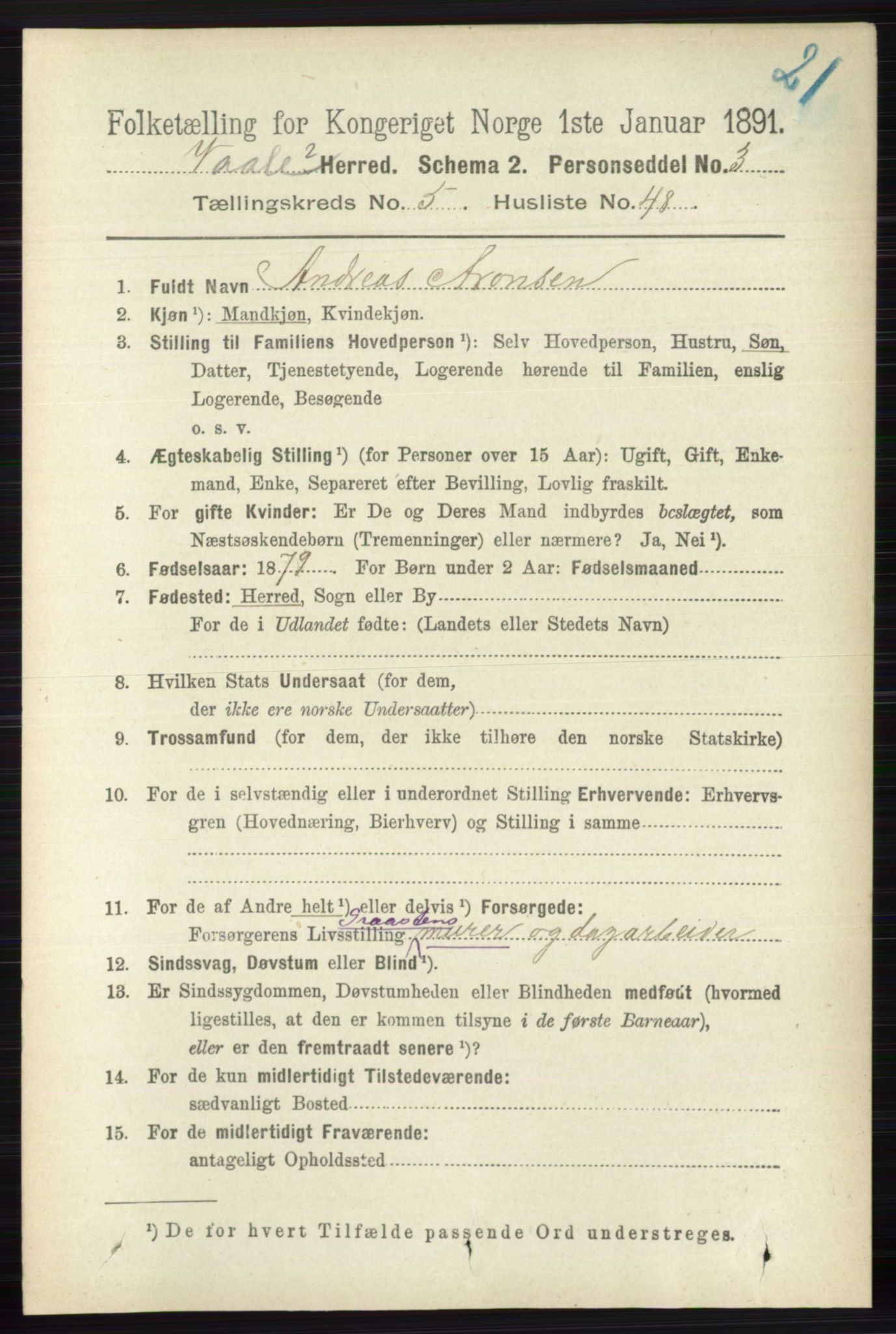 RA, 1891 census for 0716 Våle, 1891, p. 1682