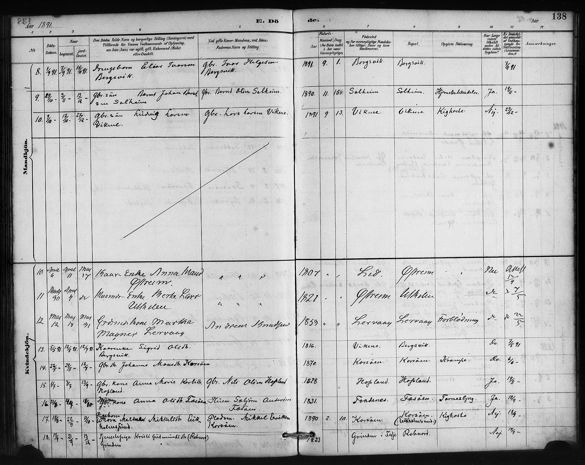 Lindås Sokneprestembete, AV/SAB-A-76701/H/Haa/Haac/L0001: Parish register (official) no. C 1, 1886-1896, p. 138