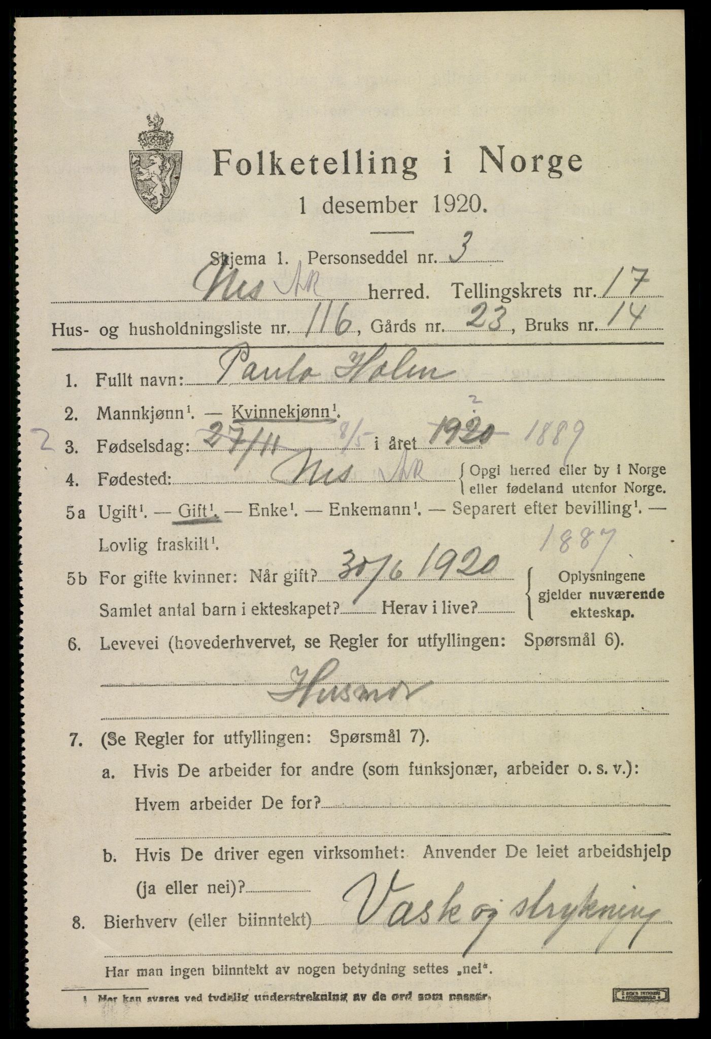 SAO, 1920 census for Nes, 1920, p. 17718