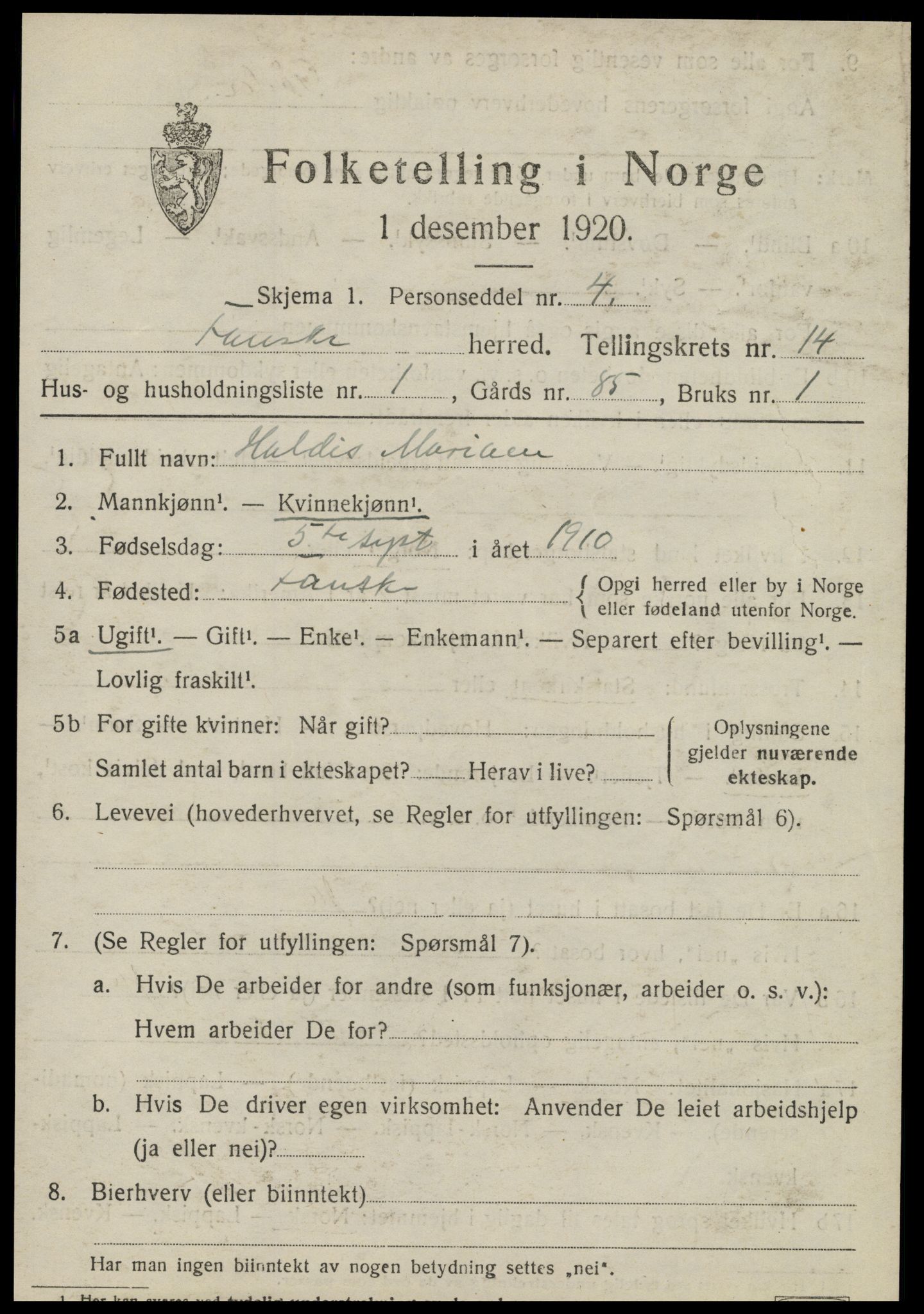 SAT, 1920 census for Fauske, 1920, p. 8680