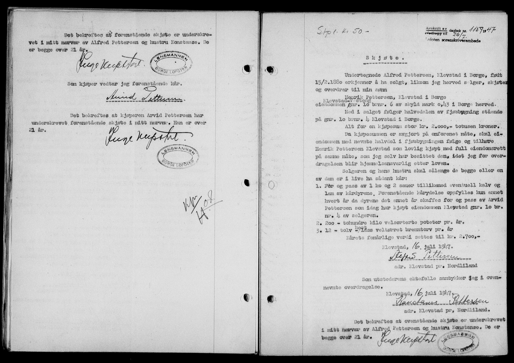 Lofoten sorenskriveri, SAT/A-0017/1/2/2C/L0016a: Mortgage book no. 16a, 1947-1947, Diary no: : 1159/1947