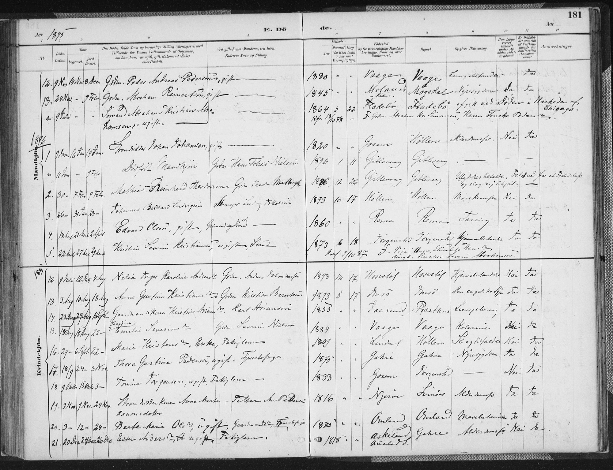 Sør-Audnedal sokneprestkontor, SAK/1111-0039/F/Fa/Faa/L0004: Parish register (official) no. A 4, 1884-1909, p. 181