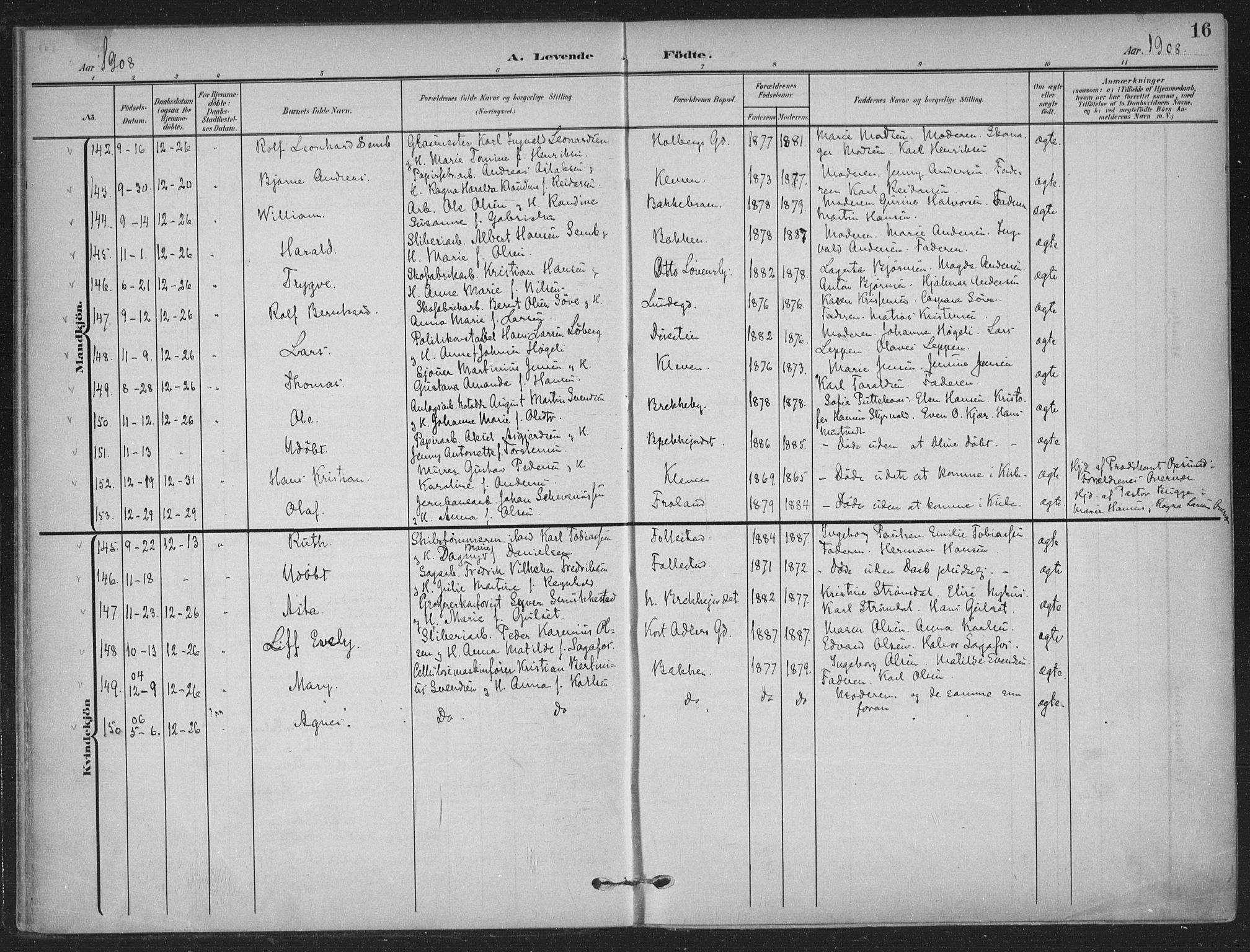 Skien kirkebøker, SAKO/A-302/F/Fa/L0012: Parish register (official) no. 12, 1908-1914, p. 16