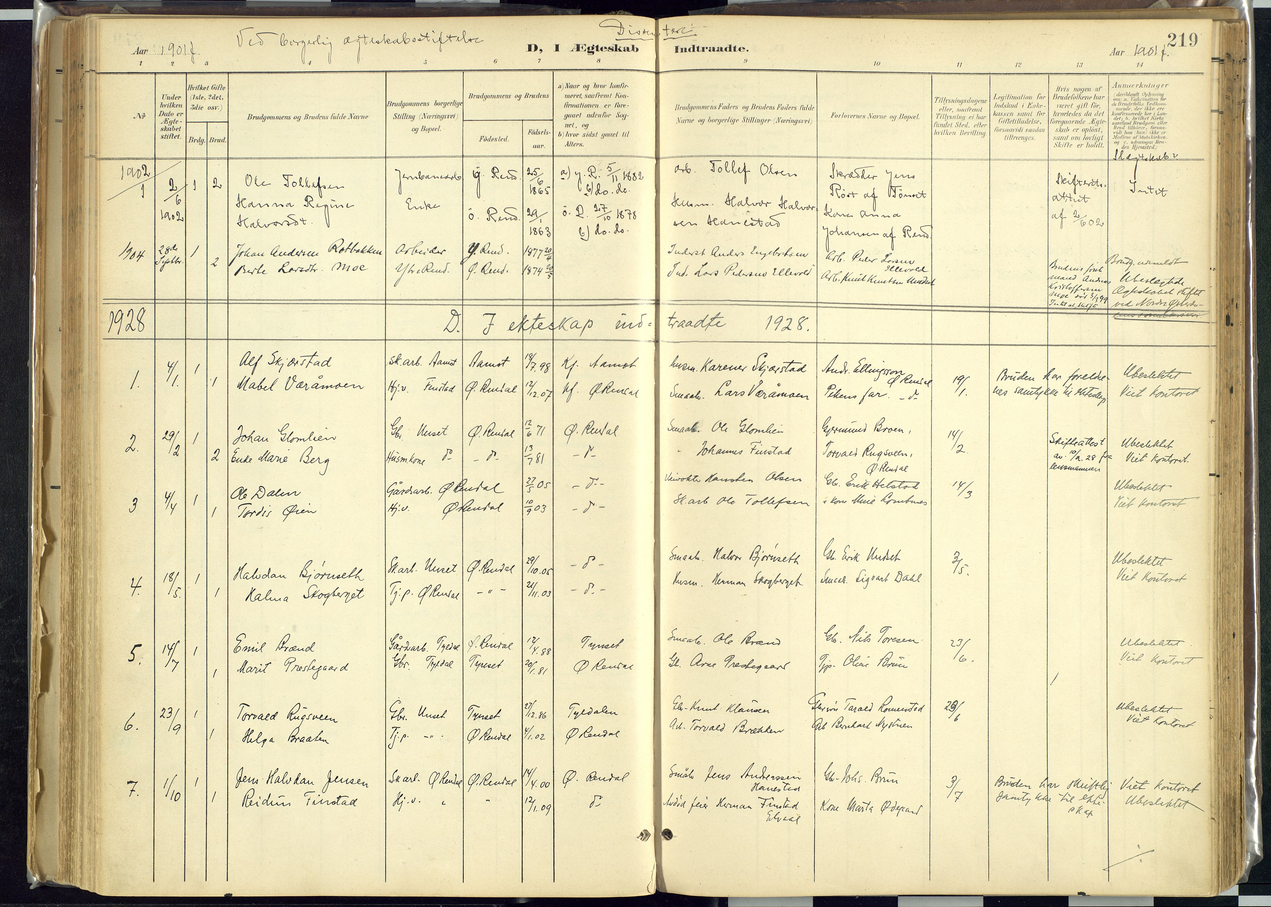 Rendalen prestekontor, SAH/PREST-054/H/Ha/Haa/L0012: Parish register (official) no. 12, 1901-1928, p. 219