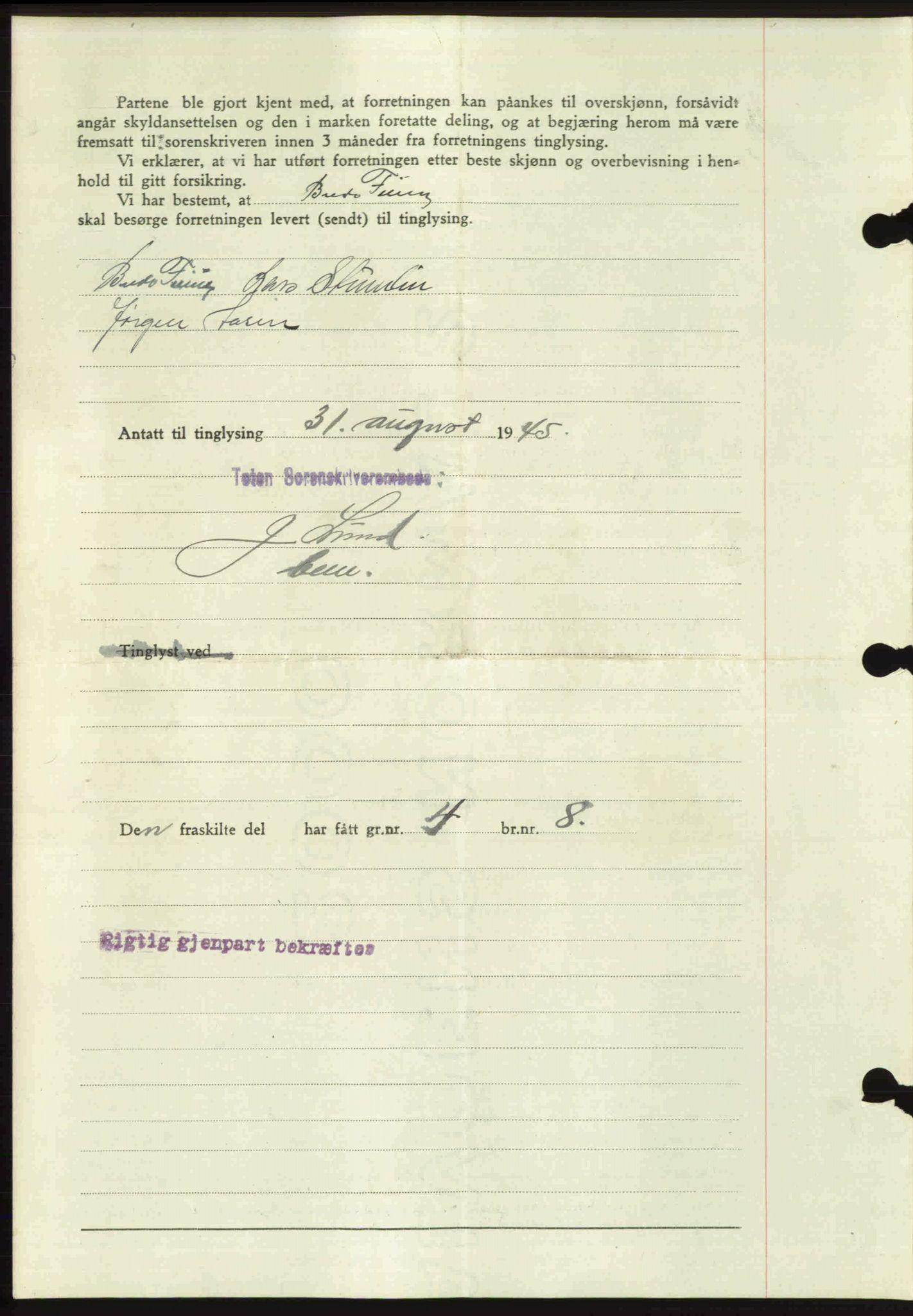 Toten tingrett, SAH/TING-006/H/Hb/Hbc/L0013: Mortgage book no. Hbc-13, 1945-1945, Diary no: : 1215/1945