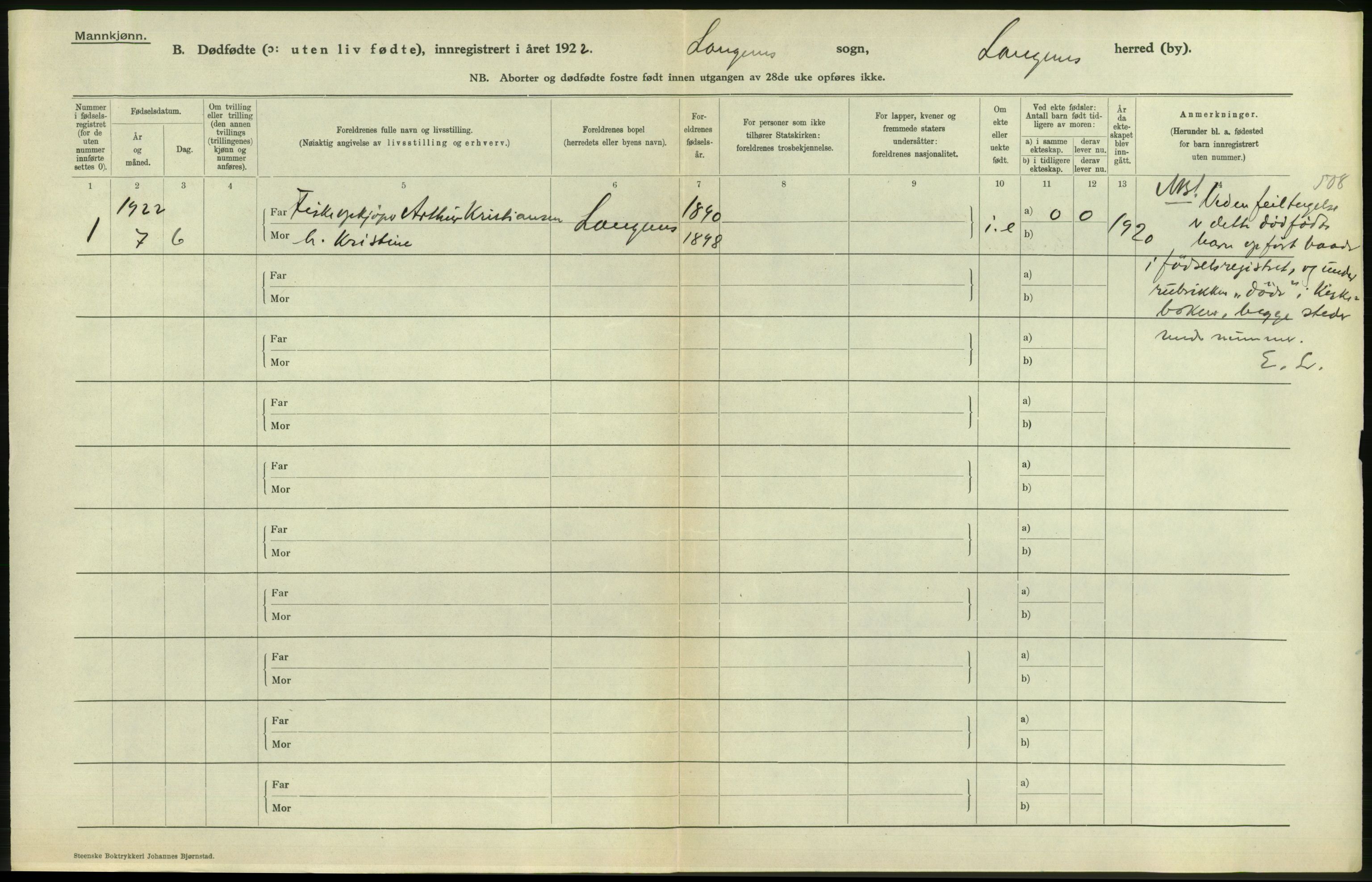 Statistisk sentralbyrå, Sosiodemografiske emner, Befolkning, AV/RA-S-2228/D/Df/Dfc/Dfcb/L0045: Nordland fylke: Gifte, dødfødte. Bygder og byer., 1922, p. 354