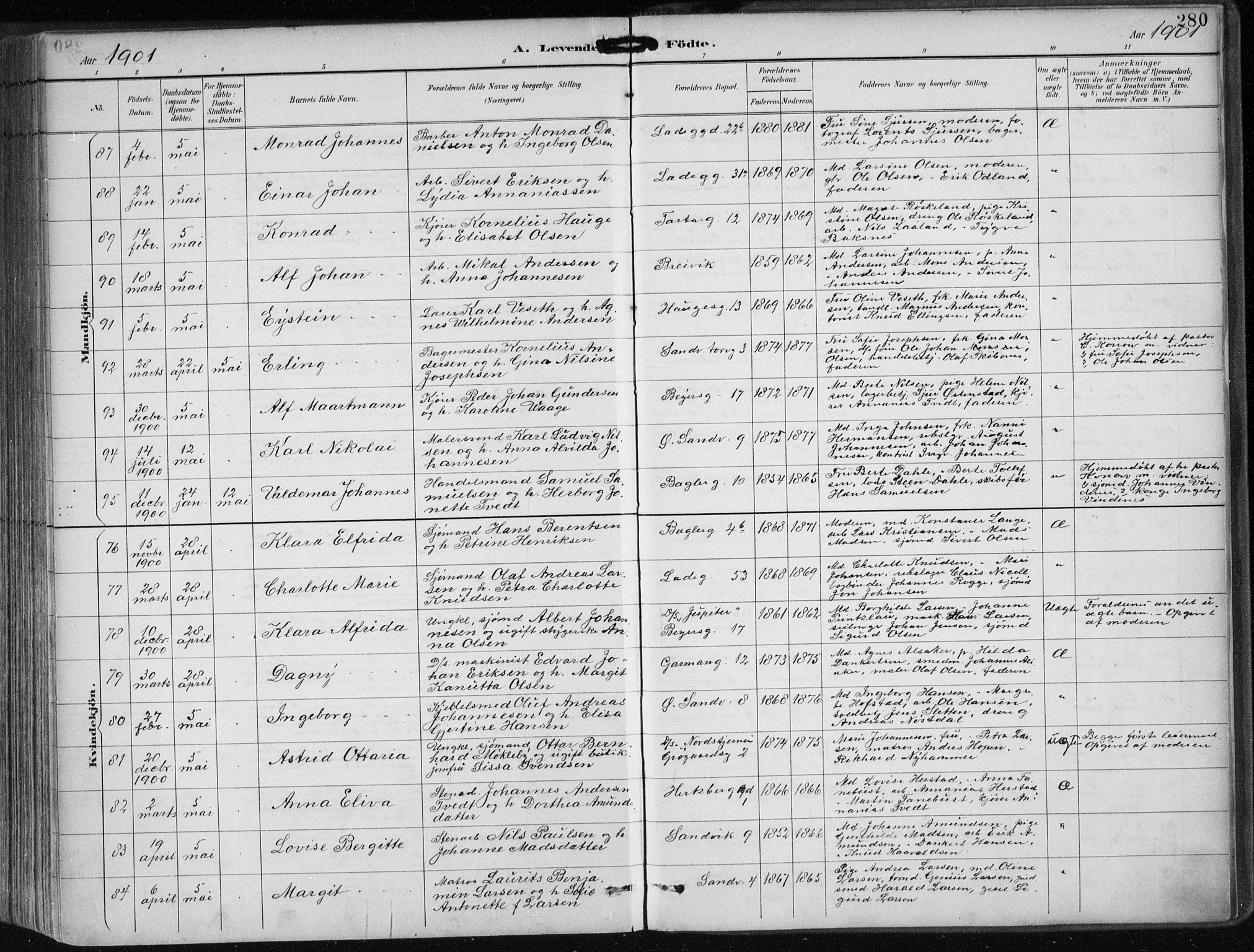 Sandviken Sokneprestembete, SAB/A-77601/H/Ha/L0005: Parish register (official) no. B 2, 1891-1901, p. 280
