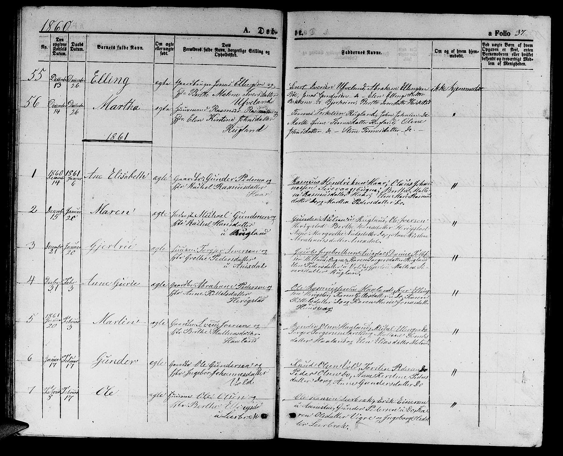 Hå sokneprestkontor, AV/SAST-A-101801/001/30BB/L0002: Parish register (copy) no. B 2, 1854-1883, p. 37
