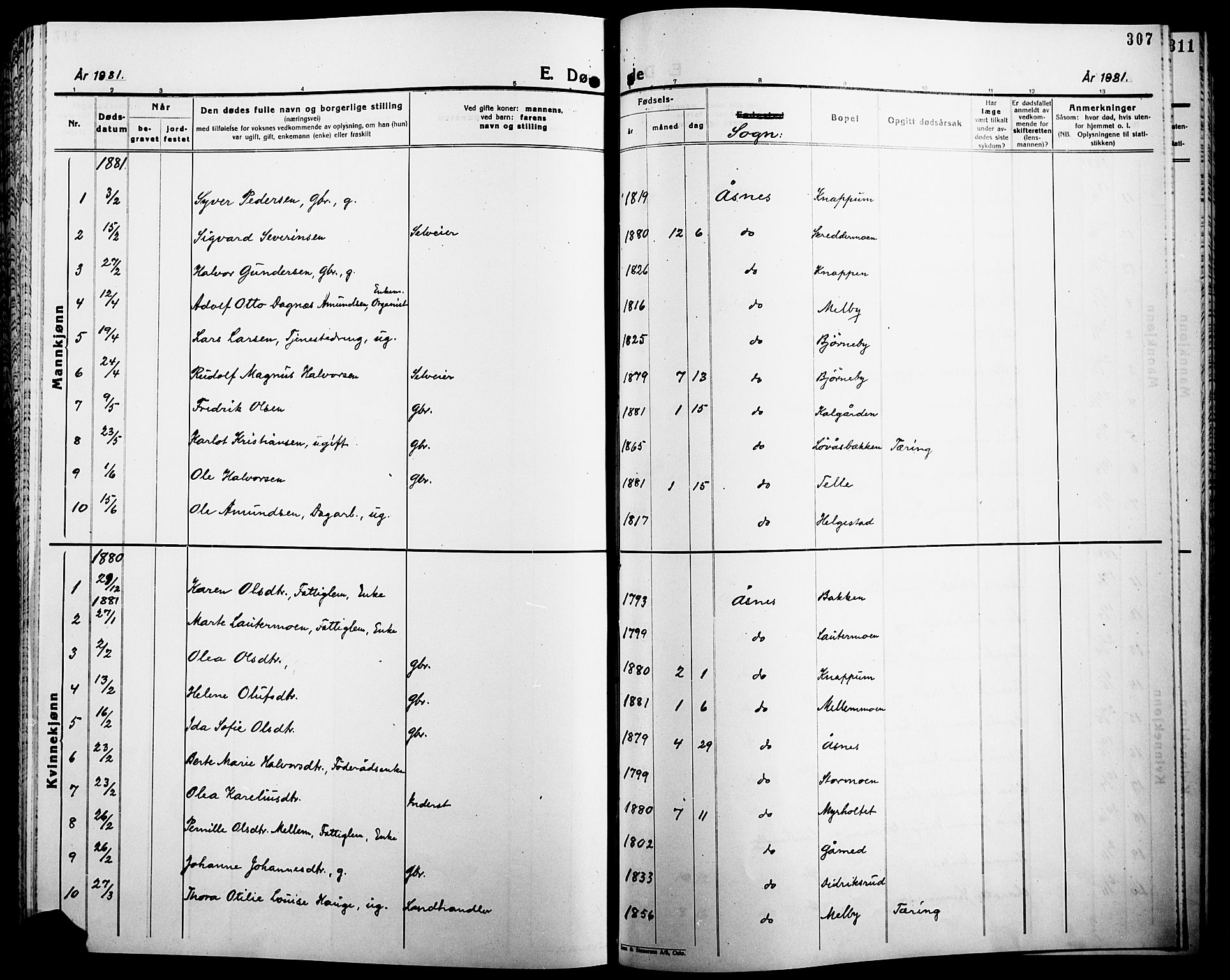 Åsnes prestekontor, AV/SAH-PREST-042/H/Ha/Haa/L0000B: Parish register (official), 1870-1889, p. 307