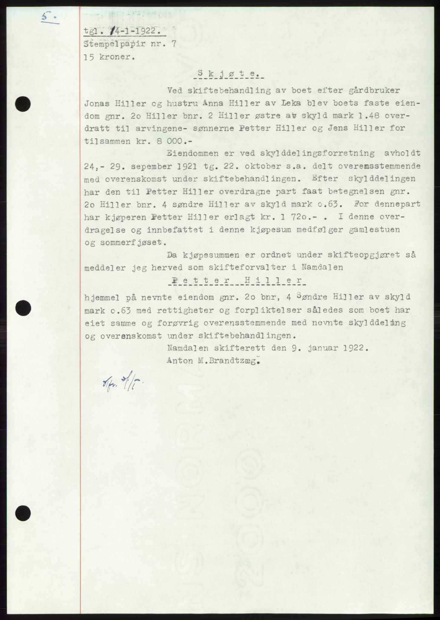 Namdal sorenskriveri, SAT/A-4133/1/2/2C: Mortgage book no. -, 1922-1925, Deed date: 04.01.1922