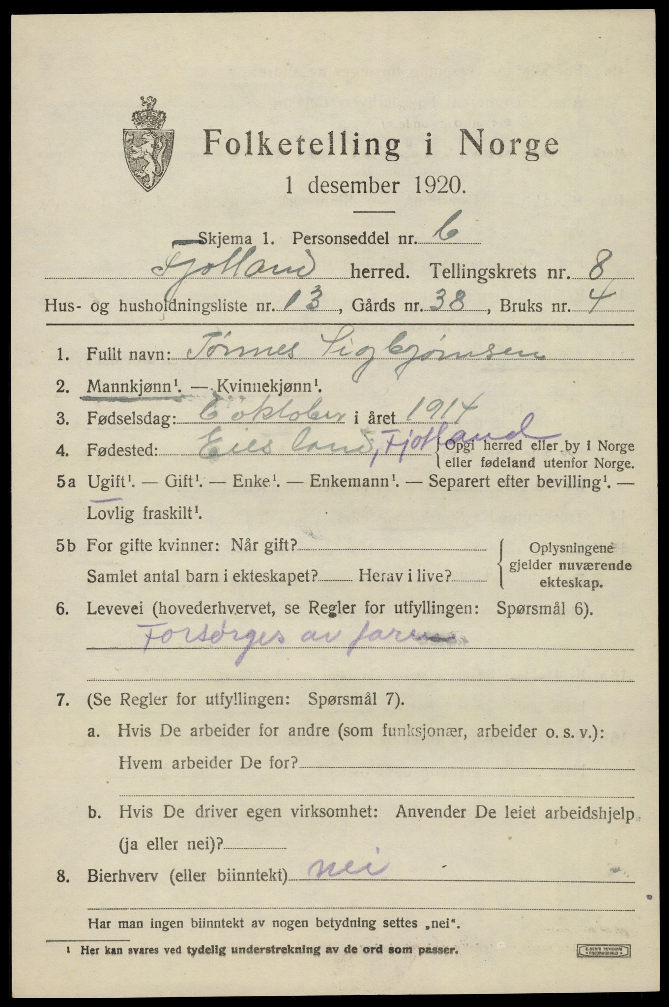SAK, 1920 census for Fjotland, 1920, p. 2132