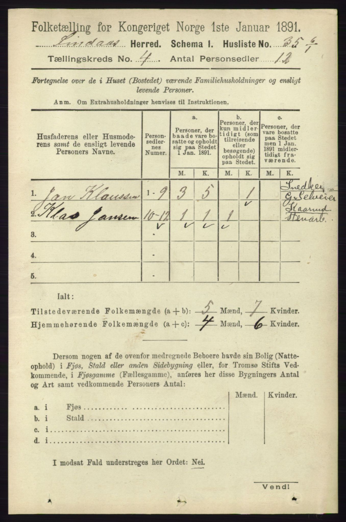 RA, 1891 census for 1263 Lindås, 1891, p. 1125