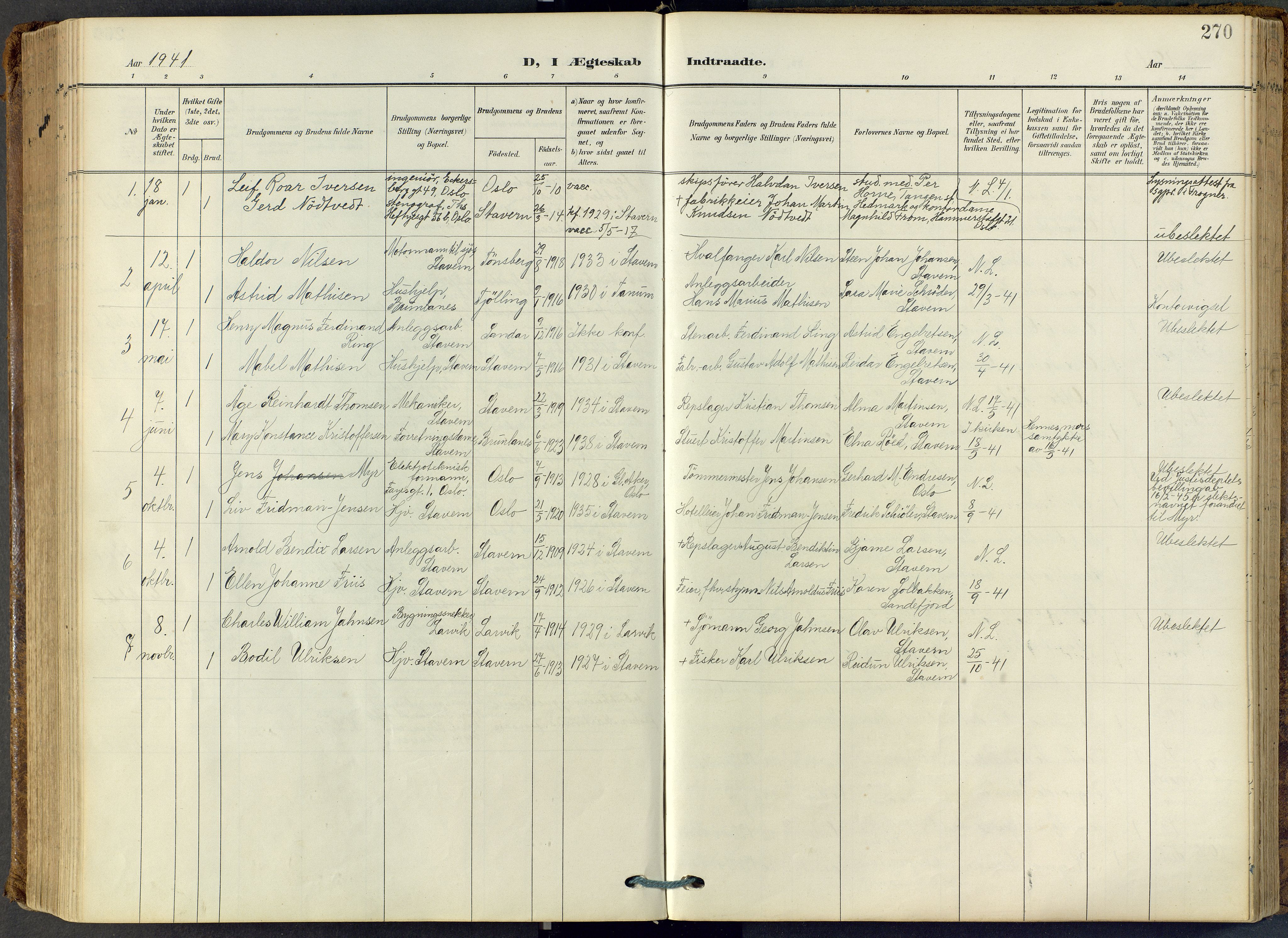 Stavern kirkebøker, SAKO/A-318/F/Fa/L0009: Parish register (official) no. 9, 1906-1955, p. 270
