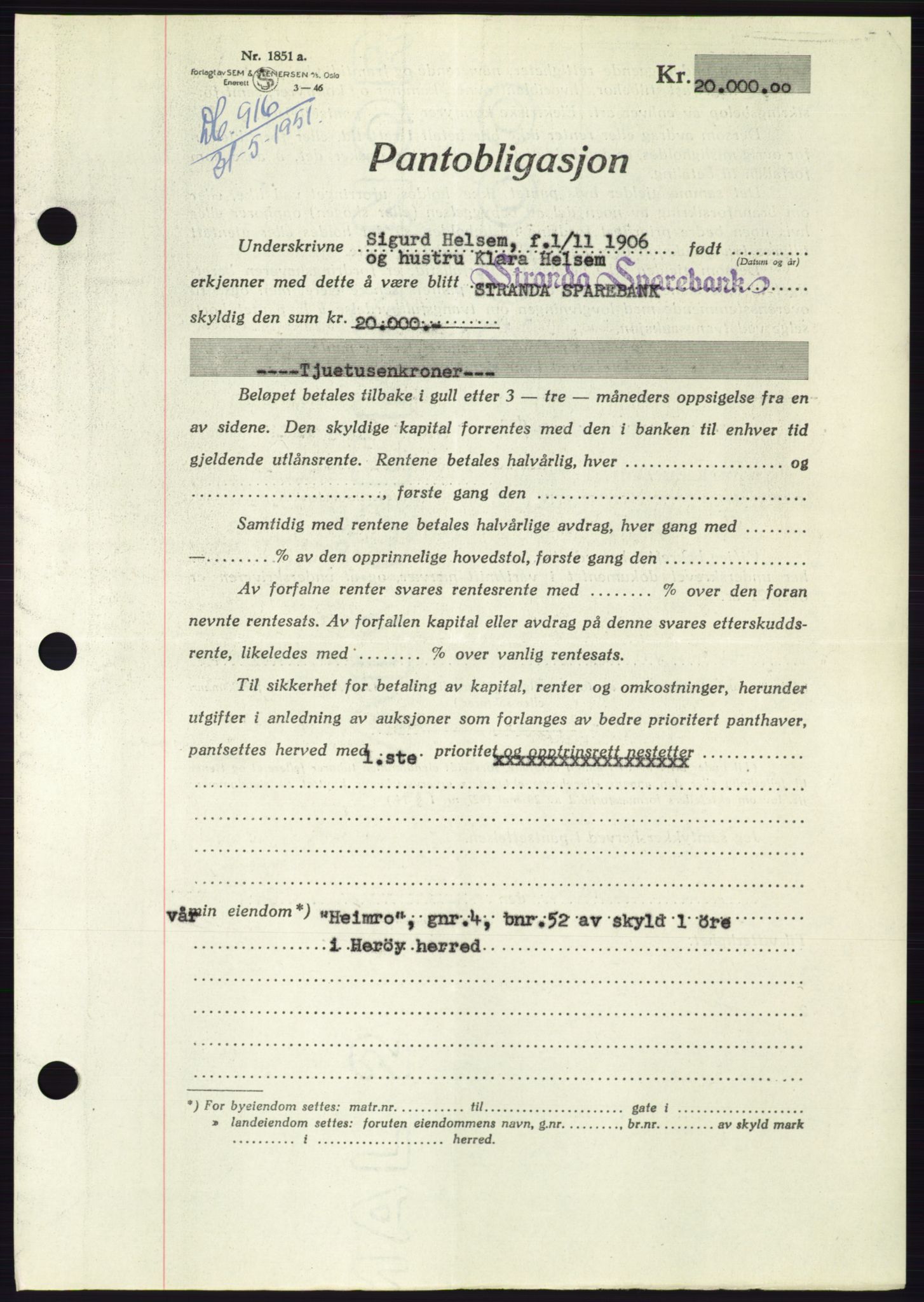 Søre Sunnmøre sorenskriveri, AV/SAT-A-4122/1/2/2C/L0120: Mortgage book no. 8B, 1951-1951, Diary no: : 916/1951