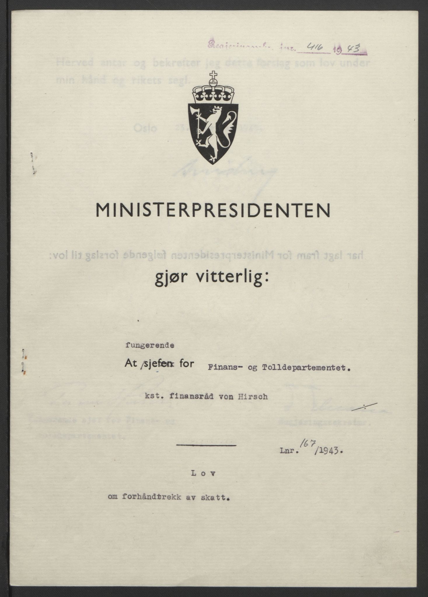 NS-administrasjonen 1940-1945 (Statsrådsekretariatet, de kommisariske statsråder mm), RA/S-4279/D/Db/L0099: Lover, 1943, p. 787