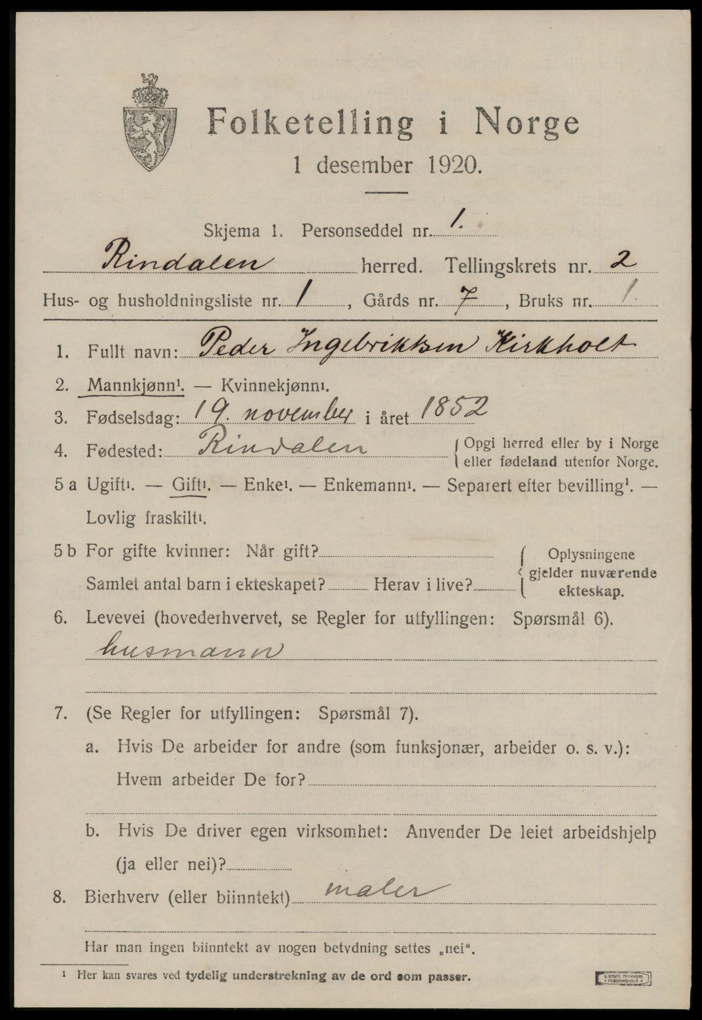 SAT, 1920 census for Rindal, 1920, p. 972