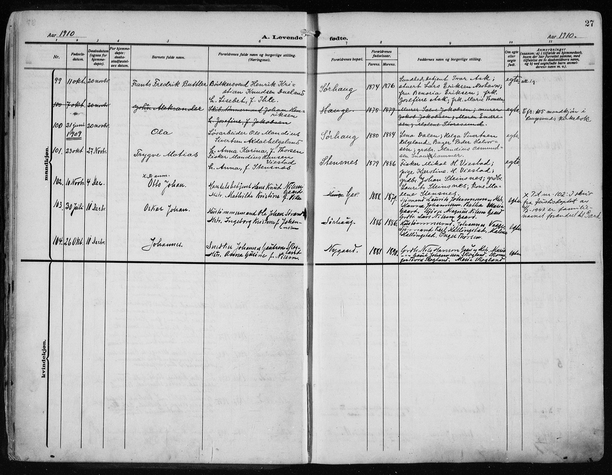 Haugesund sokneprestkontor, AV/SAST-A -101863/H/Ha/Haa/L0010: Parish register (official) no. A 10, 1909-1935, p. 27