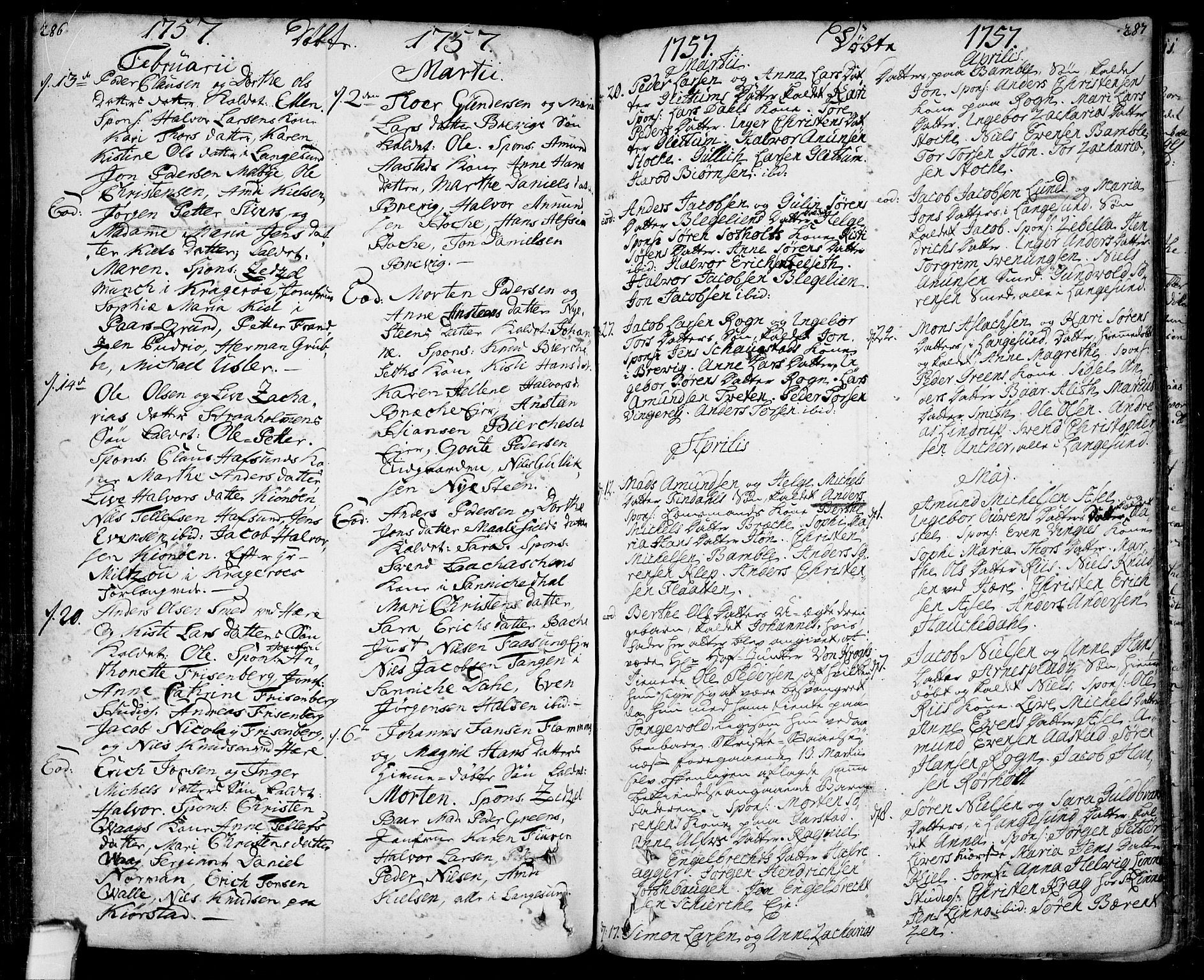 Bamble kirkebøker, SAKO/A-253/F/Fa/L0001: Parish register (official) no. I 1, 1702-1774, p. 286-287