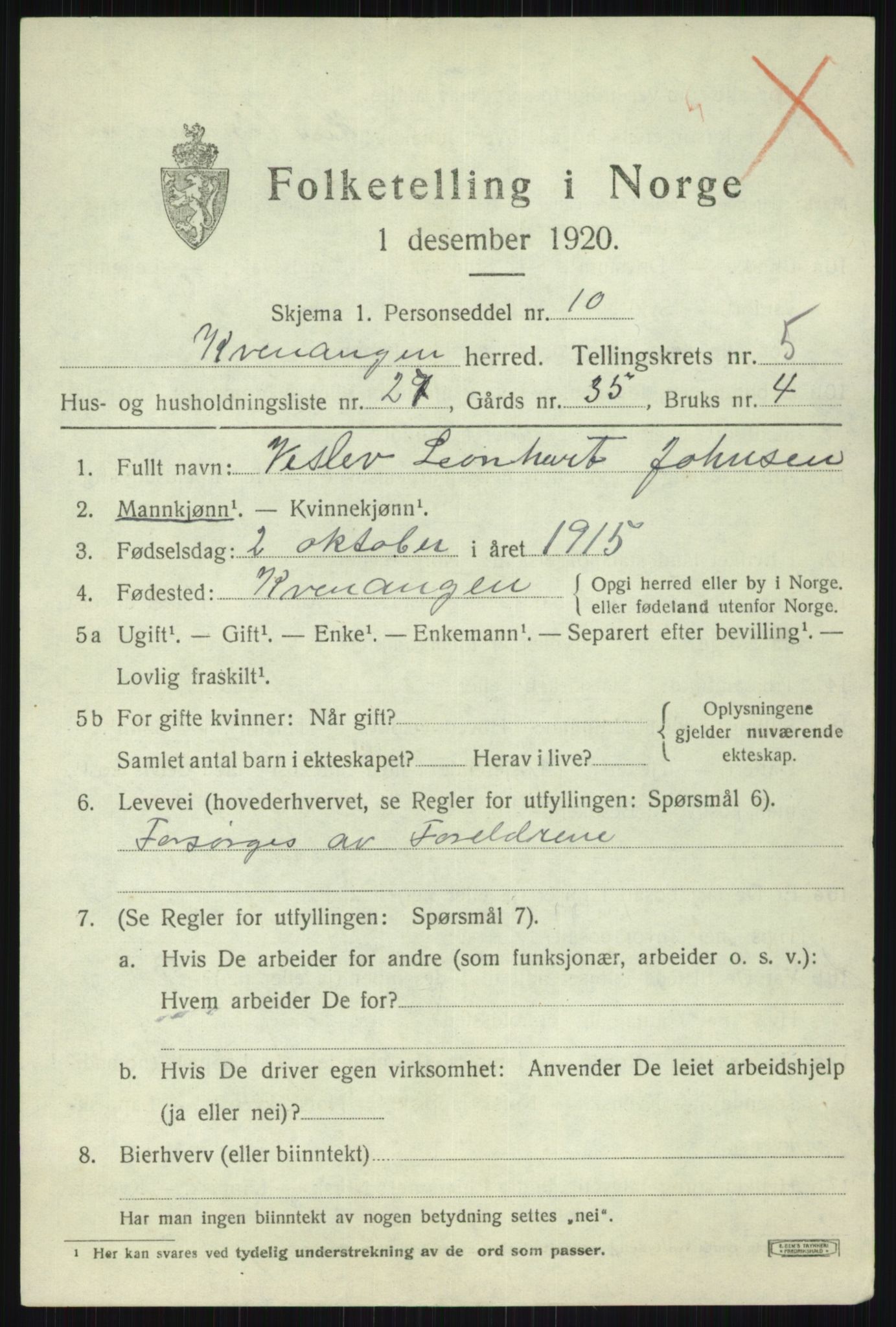 SATØ, 1920 census for Kvænangen, 1920, p. 3616