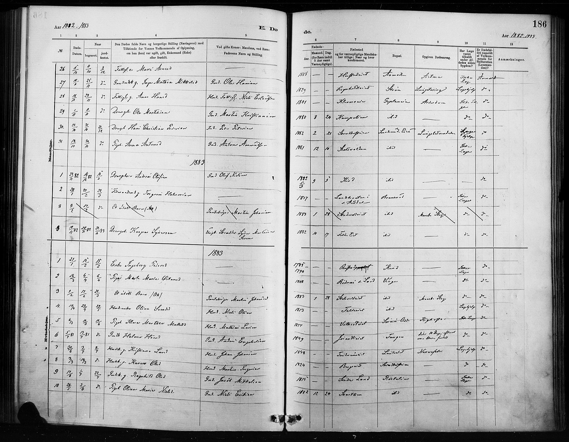 Nordre Land prestekontor, SAH/PREST-124/H/Ha/Haa/L0004: Parish register (official) no. 4, 1882-1896, p. 186